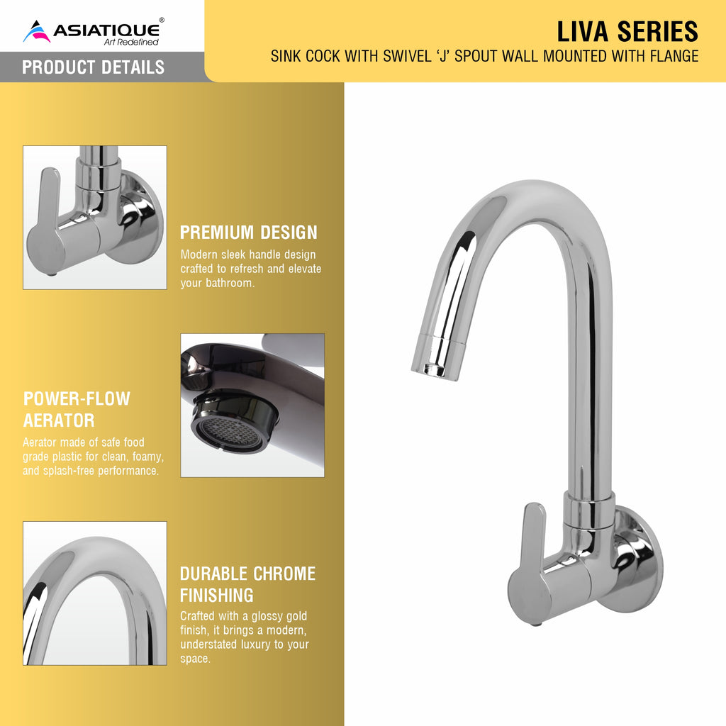 Asiatique Sink Cock With Swivel 'J' Spout Wall Mounted With Flange (LI-008), LIVA Series Kitchen & Bathroom Faucets | Premium Modern Tap Collection