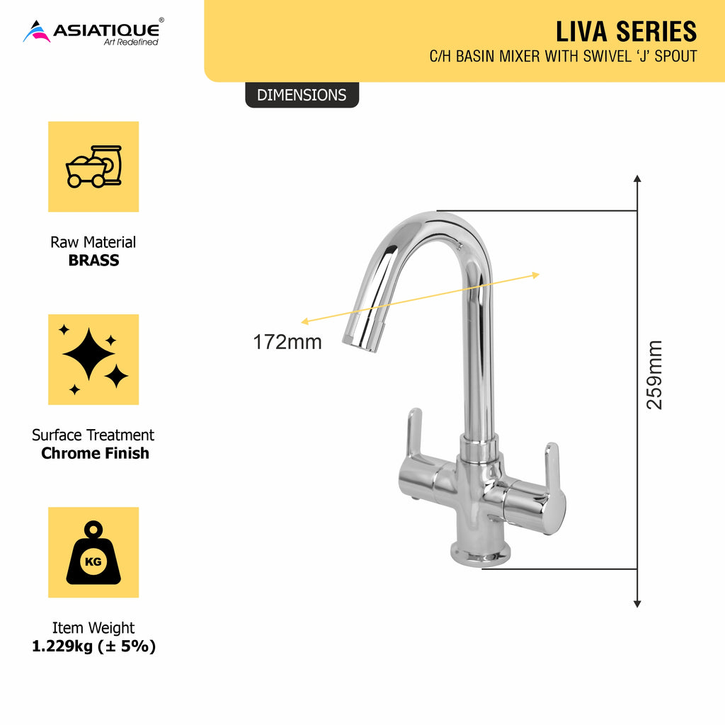 Asiatique C/H Basin Mixer With Swivel 'J' Spout (LI-011), LIVA Series Kitchen & Bathroom Faucets | Premium Modern Tap Collection