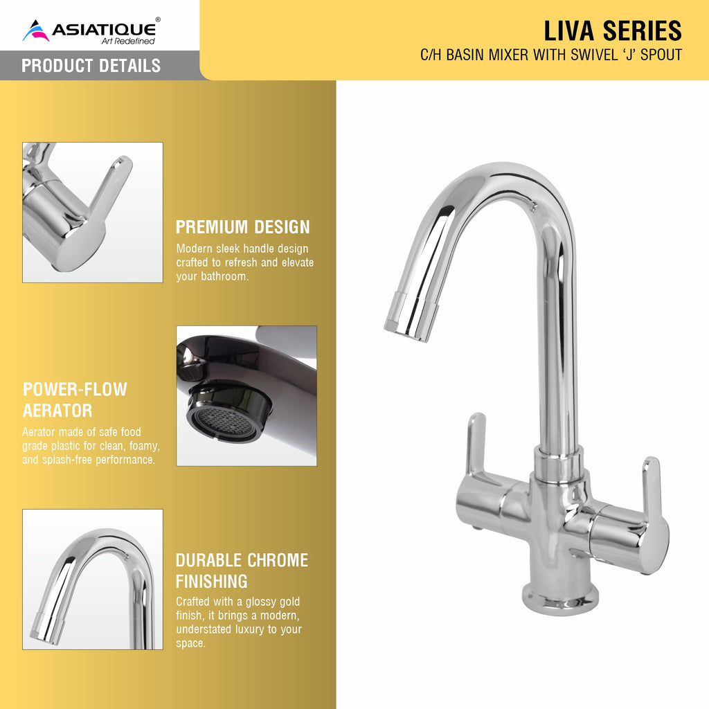 Asiatique C/H Basin Mixer With Swivel 'J' Spout (LI-011), LIVA Series Kitchen & Bathroom Faucets | Premium Modern Tap Collection