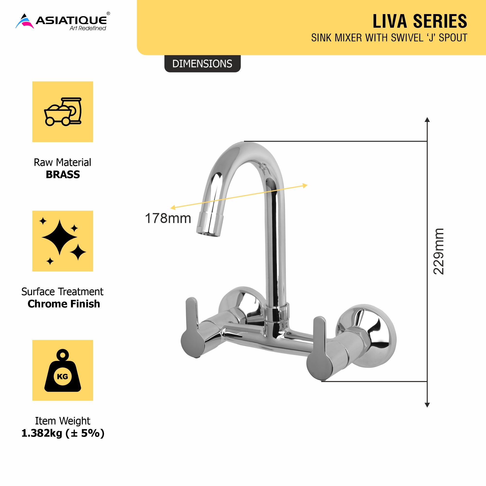 Asiatique Sink Mixer With Swivel 'J' Spout (LI-013), LIVA Series Kitchen & Bathroom Faucets | Premium Modern Tap Collection