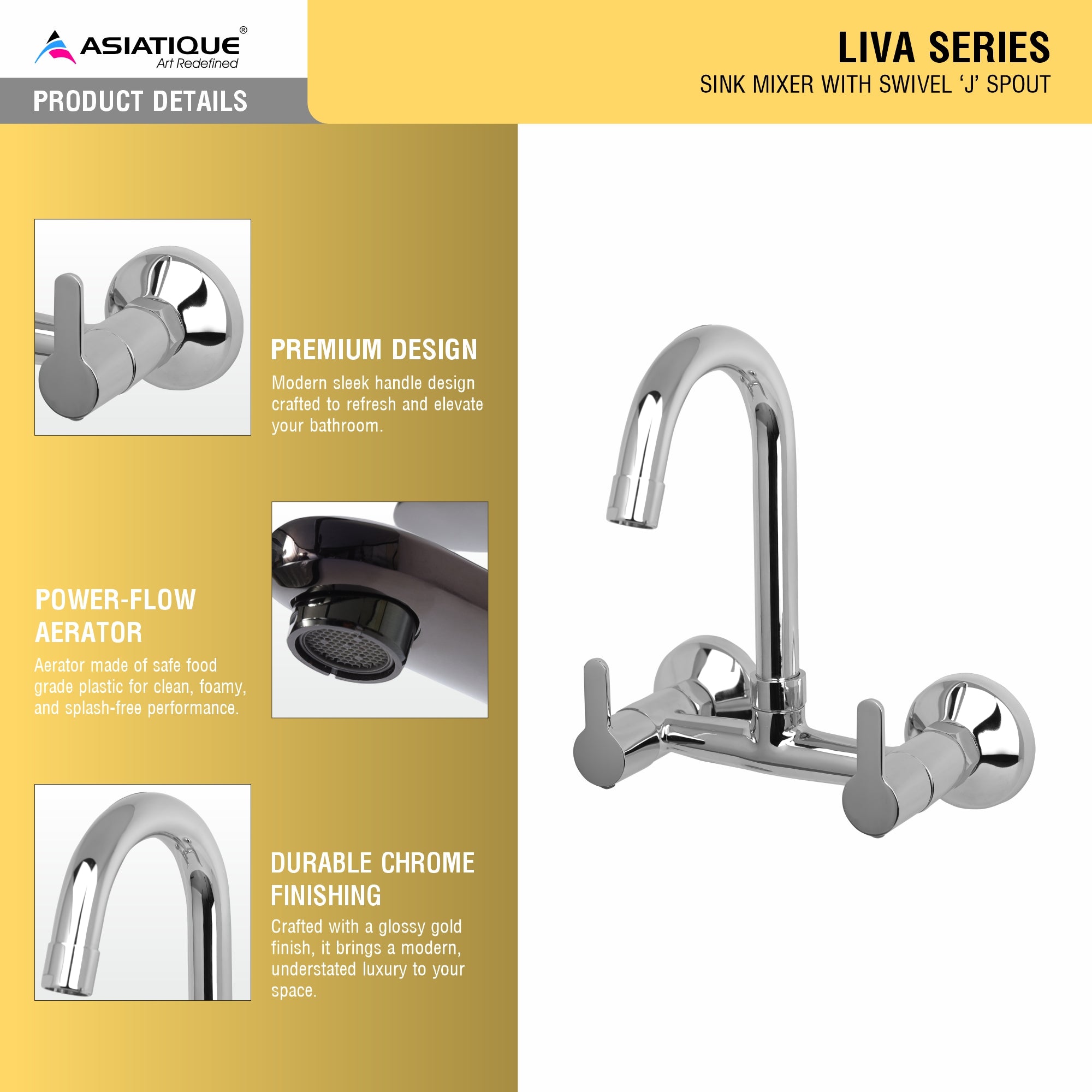 Asiatique Sink Mixer With Swivel 'J' Spout (LI-013), LIVA Series Kitchen & Bathroom Faucets | Premium Modern Tap Collection