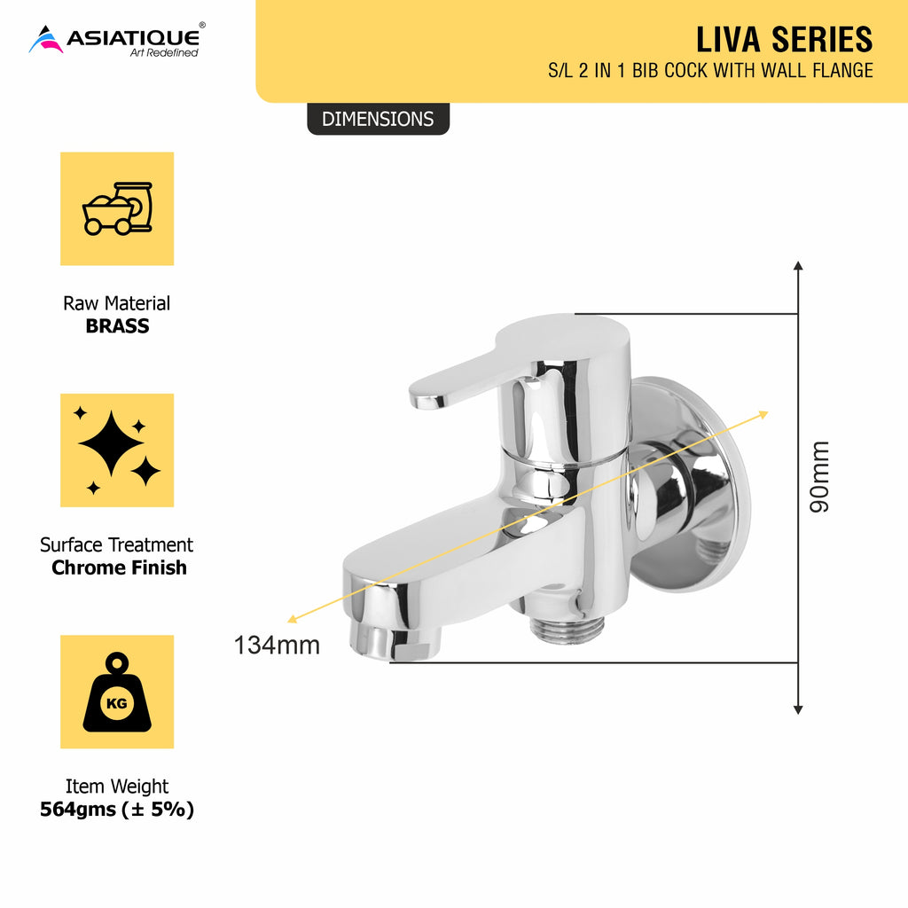 Asiatique S/L 2 in 1 Bib Cock With Wall Flange (LI-015 S/L), LIVA Series Kitchen & Bathroom Faucets | Premium Modern Tap Collection