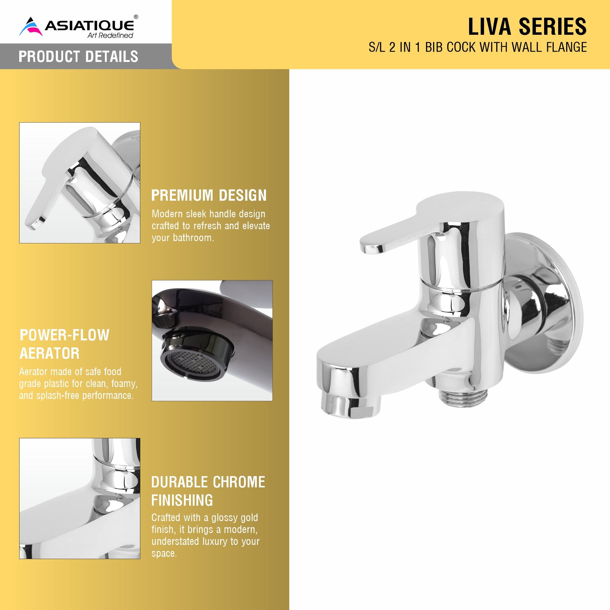 Asiatique S/L 2 in 1 Bib Cock With Wall Flange (LI-015 S/L), LIVA Series Kitchen & Bathroom Faucets | Premium Modern Tap Collection