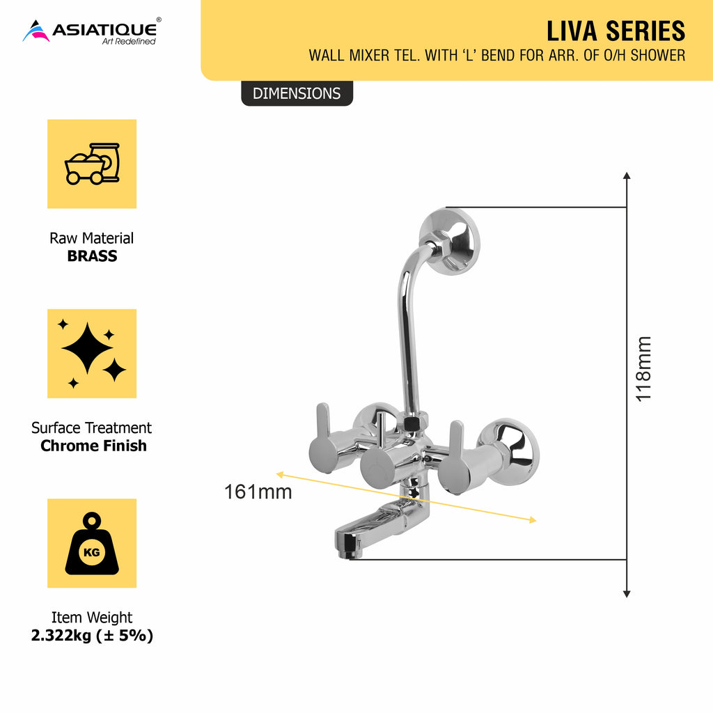 Asiatique Wall Mixer Tele. With 'L' Bend for ARR. of O/H Shower (LI-017), LIVA Series Kitchen & Bathroom Faucets | Premium Modern Tap Collection