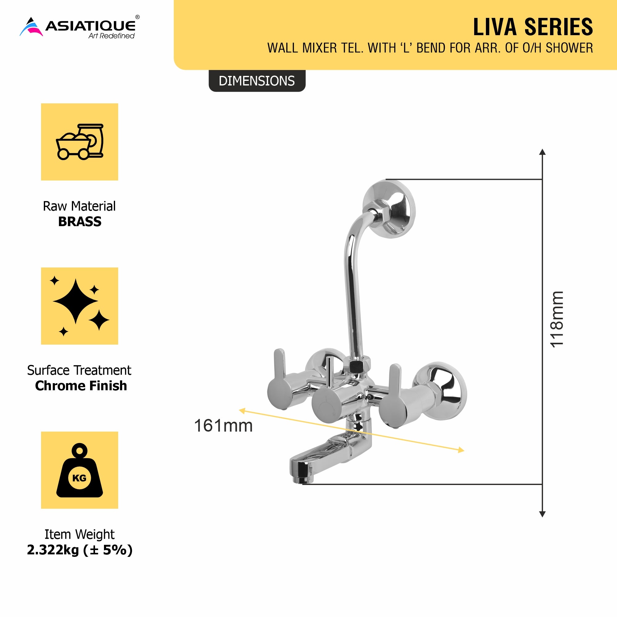 Asiatique Wall Mixer Tele. With 'L' Bend for ARR. of O/H Shower (LI-017), LIVA Series Kitchen & Bathroom Faucets | Premium Modern Tap Collection