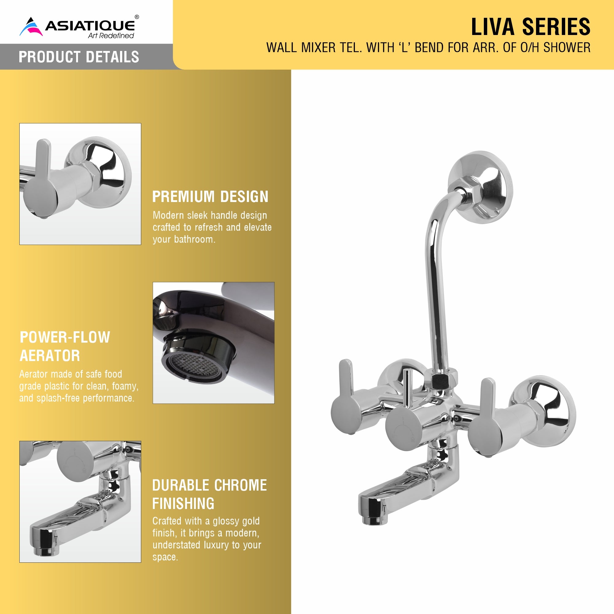Asiatique Wall Mixer Tele. With 'L' Bend for ARR. of O/H Shower (LI-017), LIVA Series Kitchen & Bathroom Faucets | Premium Modern Tap Collection