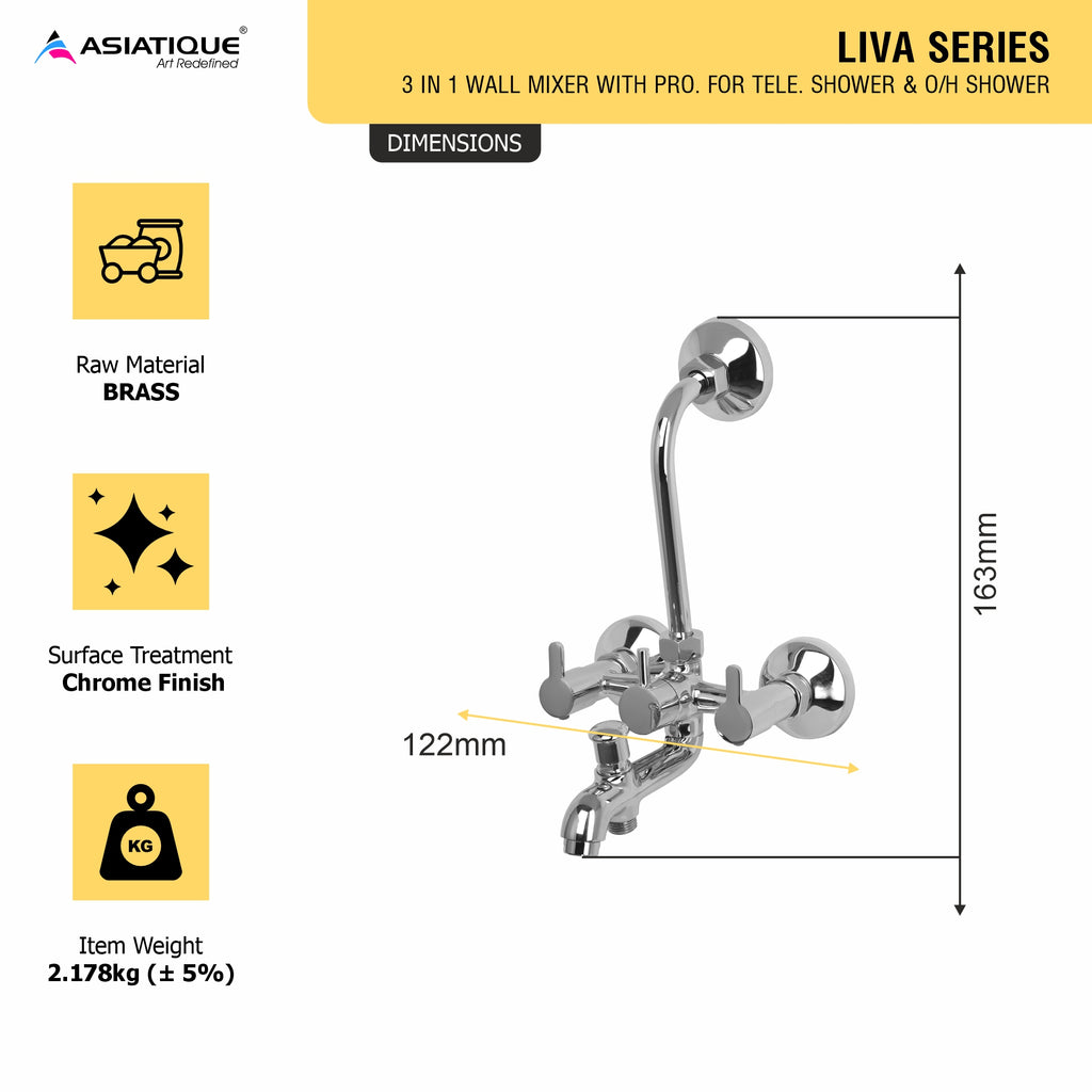 Asiatique 3 In 1 Wall Mixer With Pro. For Tele. Shower & O/H Shower (LI-018), LIVA Series Kitchen & Bathroom Faucets | Premium Modern Tap Collection