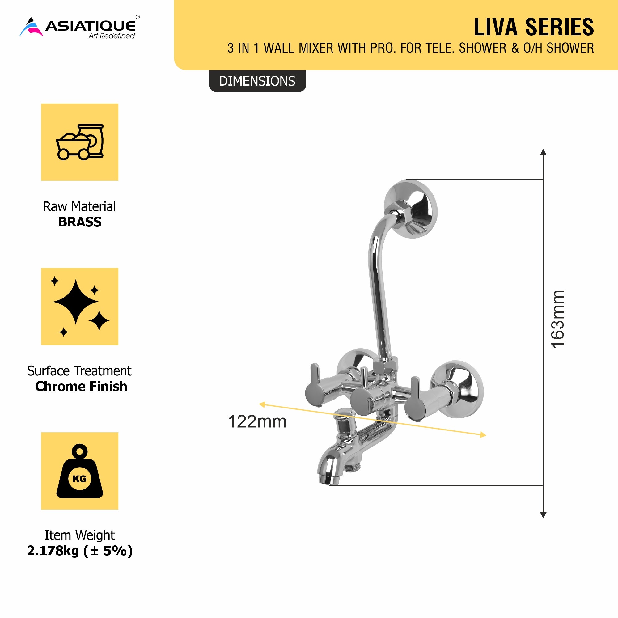 Asiatique 3 In 1 Wall Mixer With Pro. For Tele. Shower & O/H Shower (LI-018), LIVA Series Kitchen & Bathroom Faucets | Premium Modern Tap Collection
