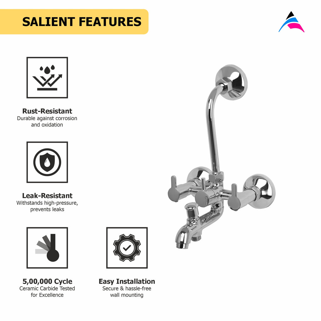 Asiatique 3 In 1 Wall Mixer With Pro. For Tele. Shower & O/H Shower (LI-018), LIVA Series Kitchen & Bathroom Faucets | Premium Modern Tap Collection