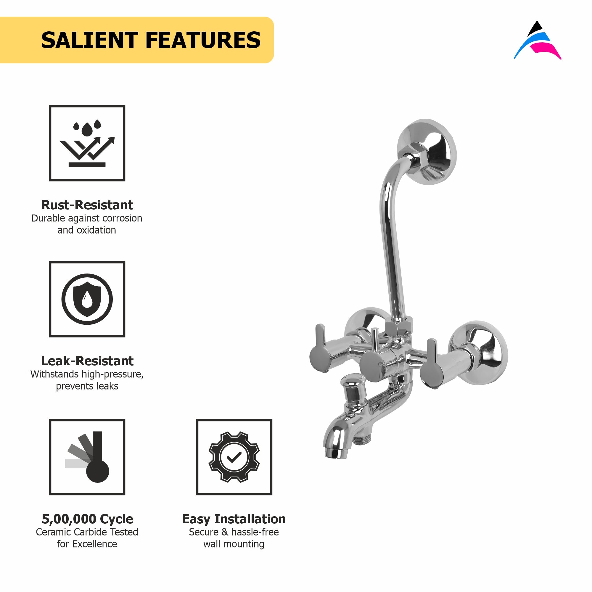 Asiatique 3 In 1 Wall Mixer With Pro. For Tele. Shower & O/H Shower (LI-018), LIVA Series Kitchen & Bathroom Faucets | Premium Modern Tap Collection
