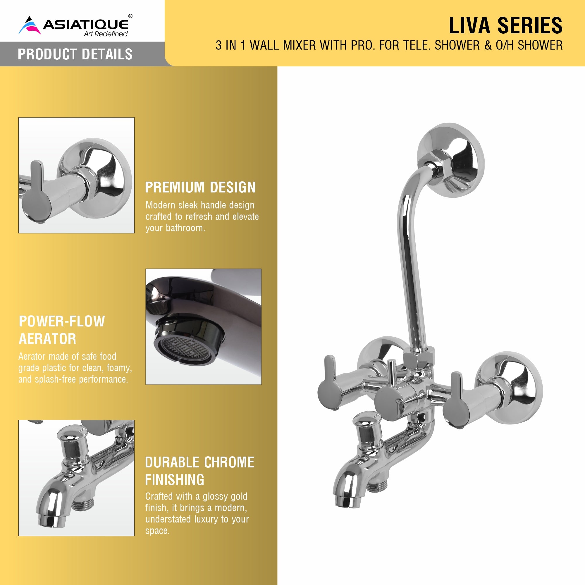 Asiatique 3 In 1 Wall Mixer With Pro. For Tele. Shower & O/H Shower (LI-018), LIVA Series Kitchen & Bathroom Faucets | Premium Modern Tap Collection