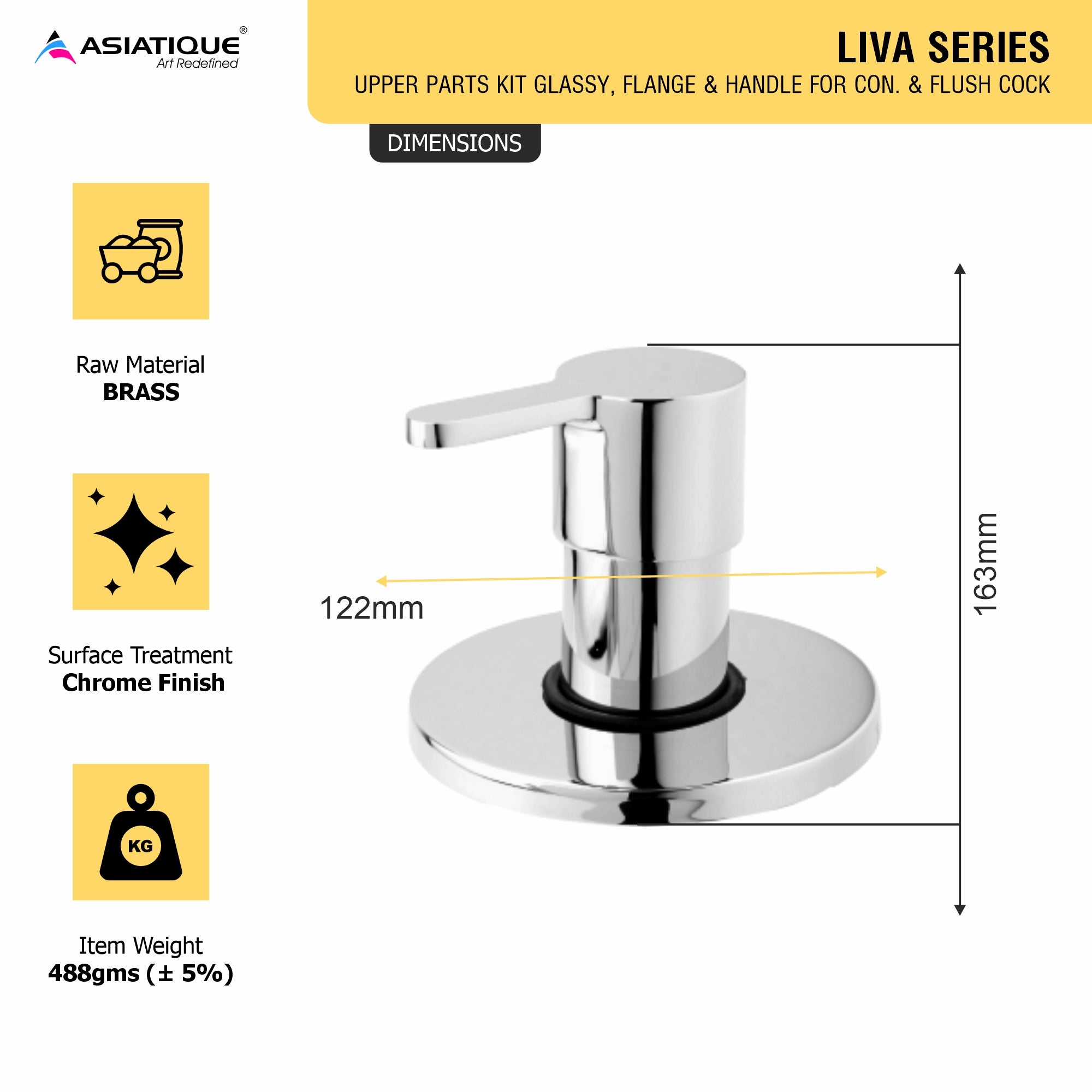 Asiatique Upper Parts Kit Glassy, Flange & Handle for Con. & Flush Cock (LI-021U), LIVA Series Kitchen & Bathroom Faucets | Premium Modern Tap Collection