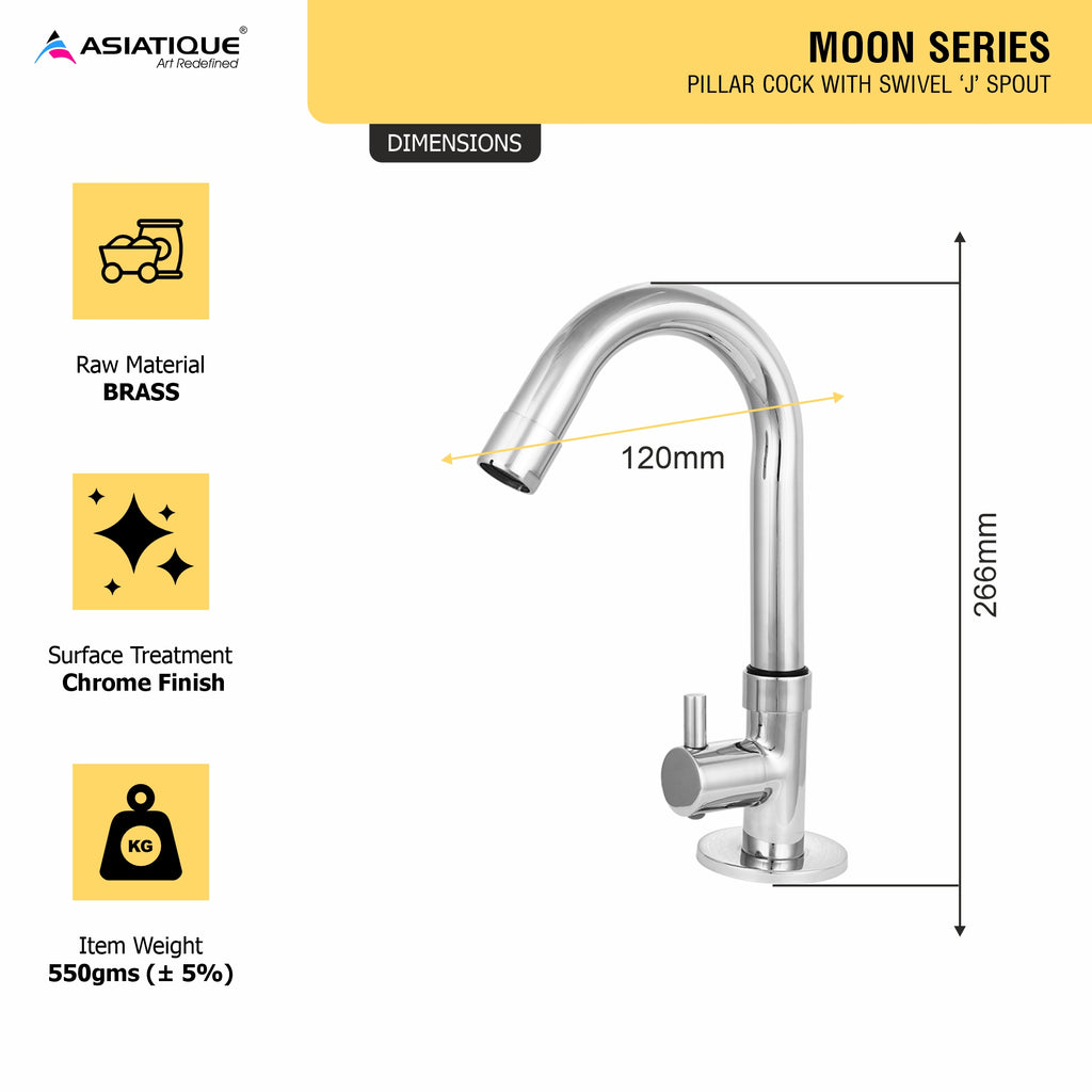 Asiatique Pillar Cock With Swivel ‘J’ Spout (MN-002), MOON Series Bathroom & Kitchen Faucets | Premium Modern Tap Collection
