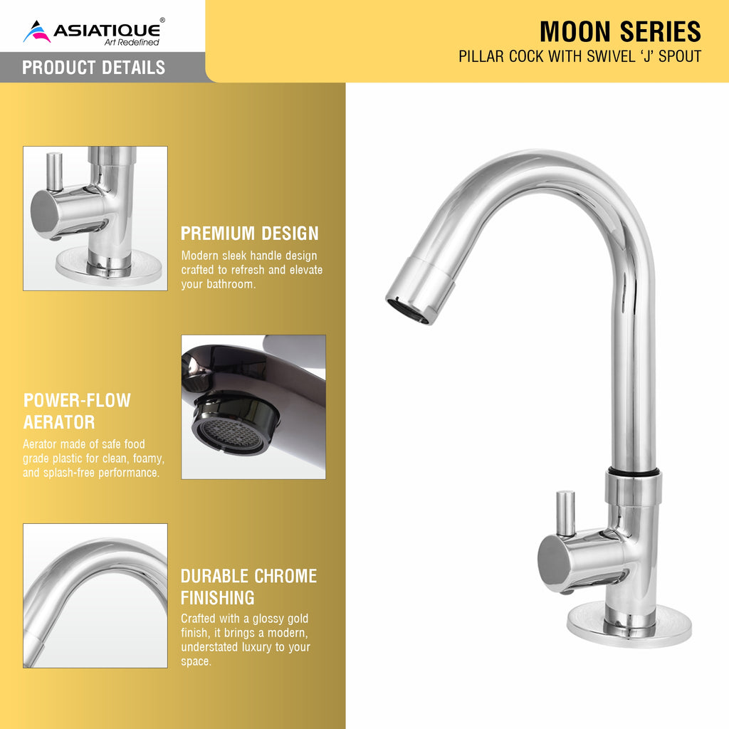 Asiatique Pillar Cock With Swivel ‘J’ Spout (MN-002), MOON Series Bathroom & Kitchen Faucets | Premium Modern Tap Collection