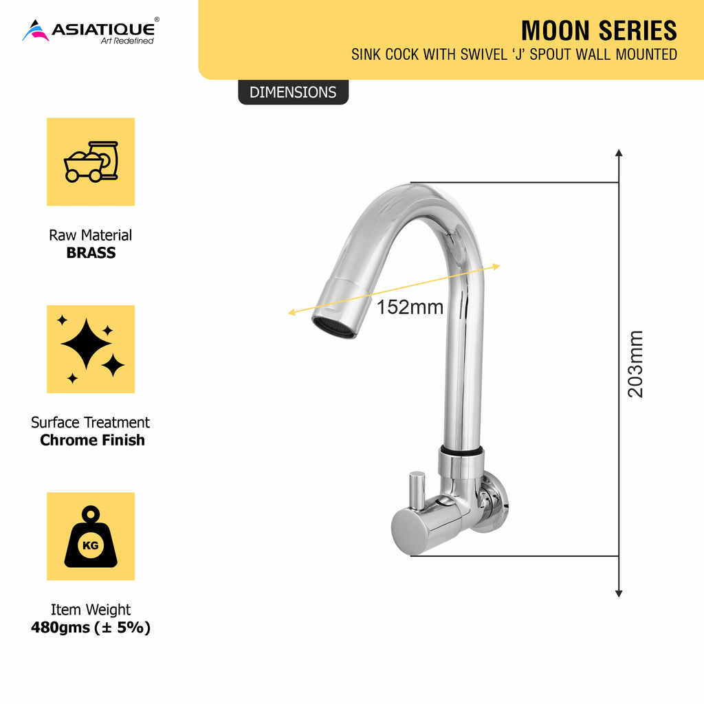 Asiatique Sink Cock With Swivel ‘J’ Spout Wall Mounted (MN-008), MOON Series Bathroom & Kitchen Faucets | Premium Modern Tap Collection