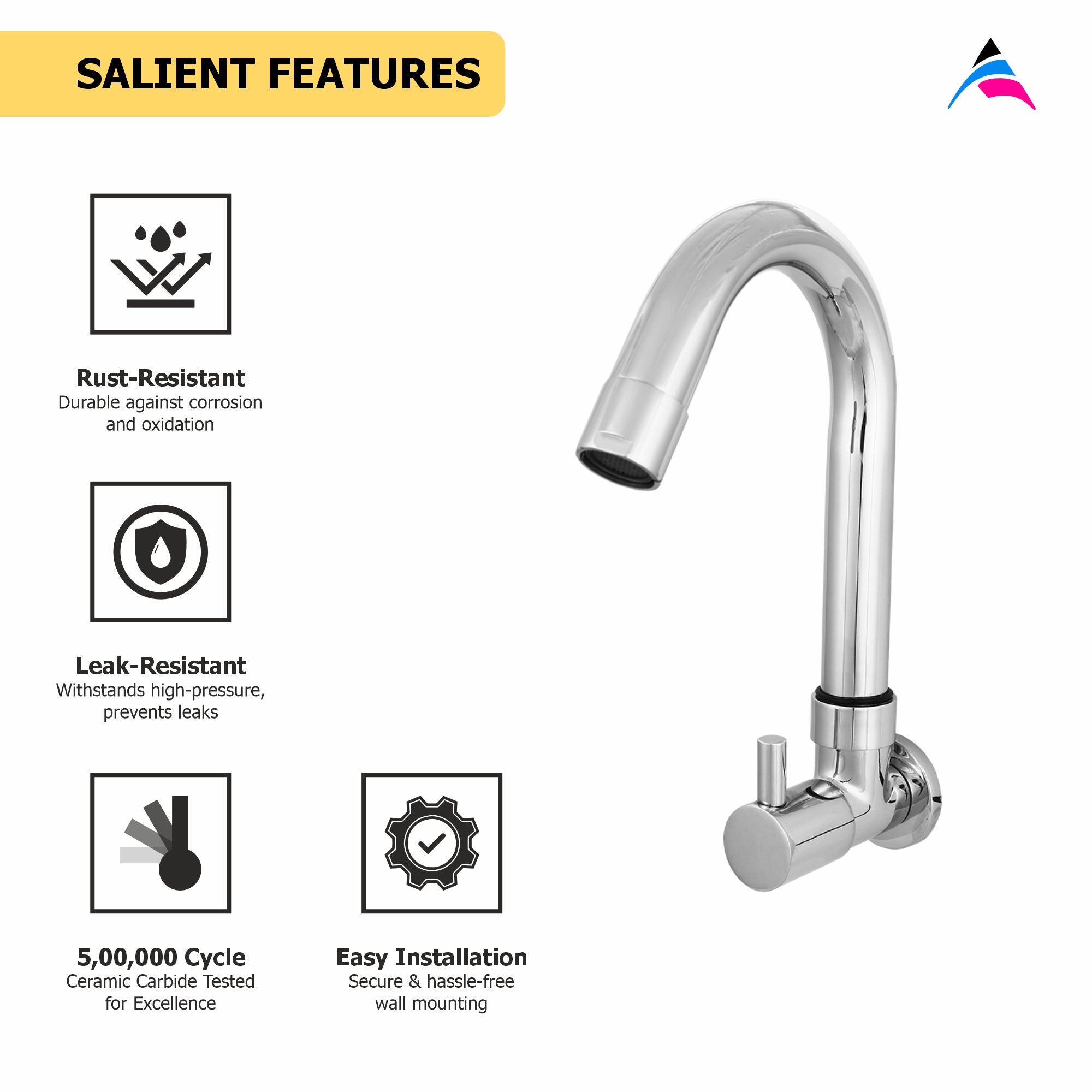 Asiatique Sink Cock With Swivel ‘J’ Spout Wall Mounted (MN-008), MOON Series Bathroom & Kitchen Faucets | Premium Modern Tap Collection