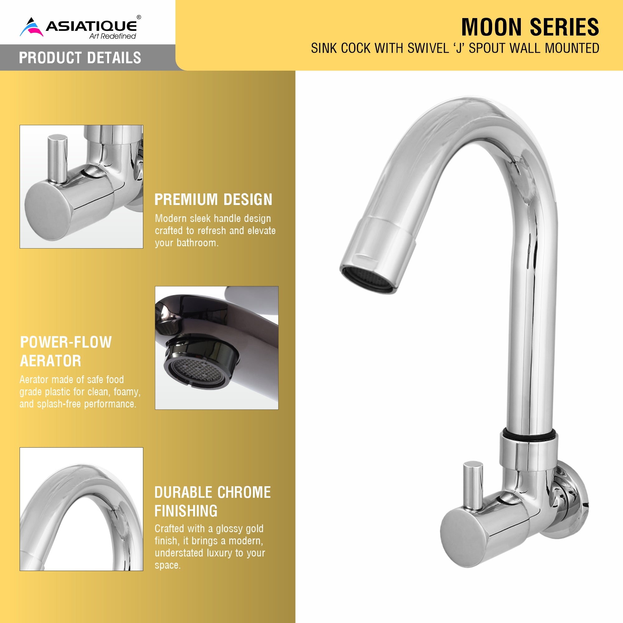 Asiatique Sink Cock With Swivel ‘J’ Spout Wall Mounted (MN-008), MOON Series Bathroom & Kitchen Faucets | Premium Modern Tap Collection
