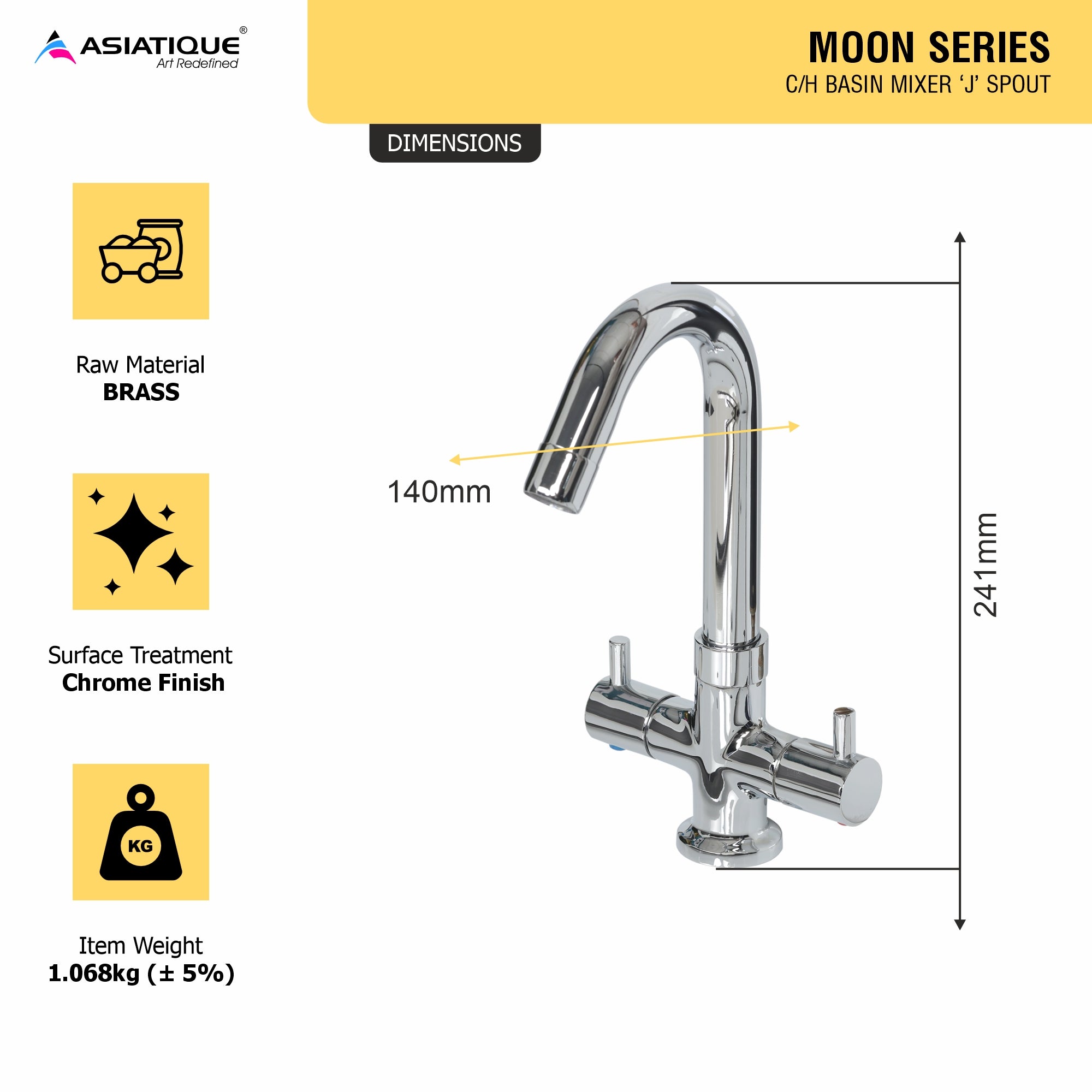 Asiatique C/H Basin Mixer ‘J’ Spout (MN-011), MOON Series Bathroom & Kitchen Faucets | Premium Modern Tap Collection