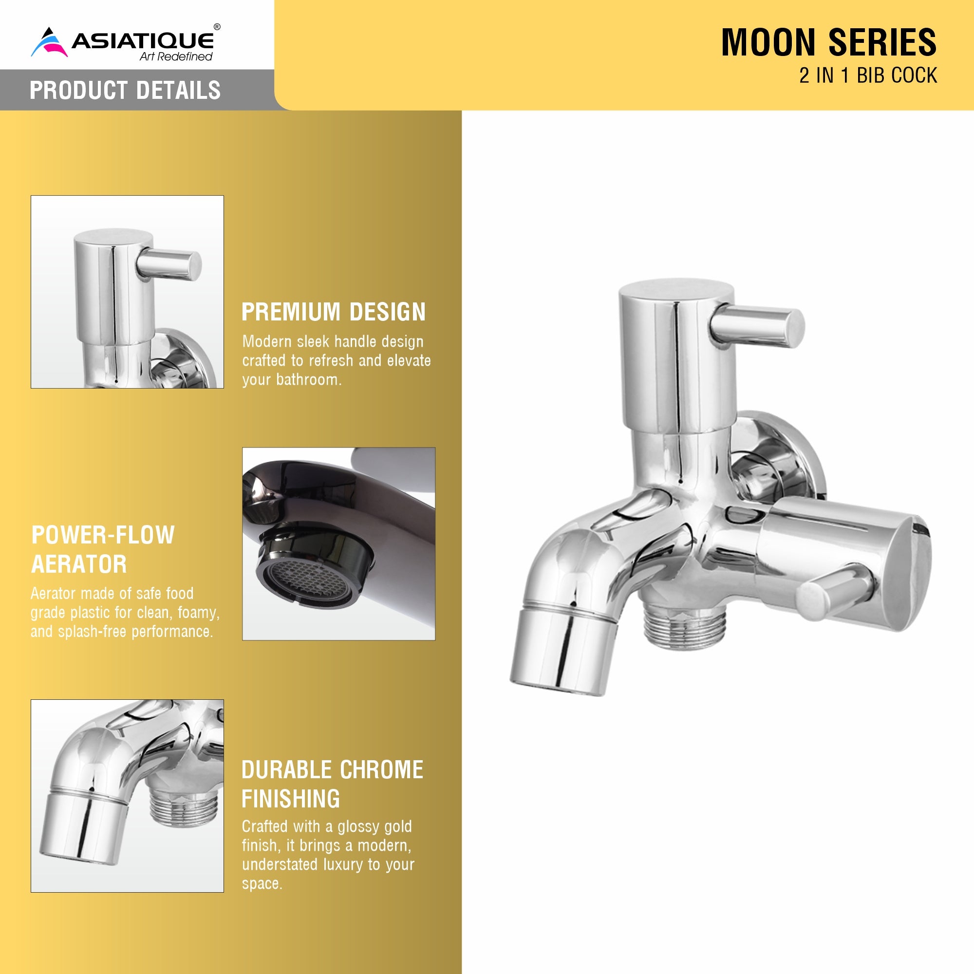 Asiatique 2 in 1 Bib Cock (MN-015), MOON Series Bathroom & Kitchen Faucets | Premium Modern Tap Collection