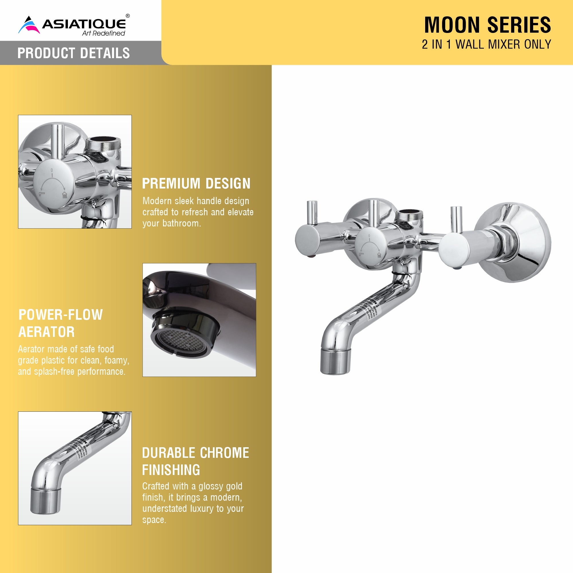 Asiatique 2 in 1 Wall Mixer Only (MN-017), MOON Series Bathroom & Kitchen Faucets | Premium Modern Tap Collection