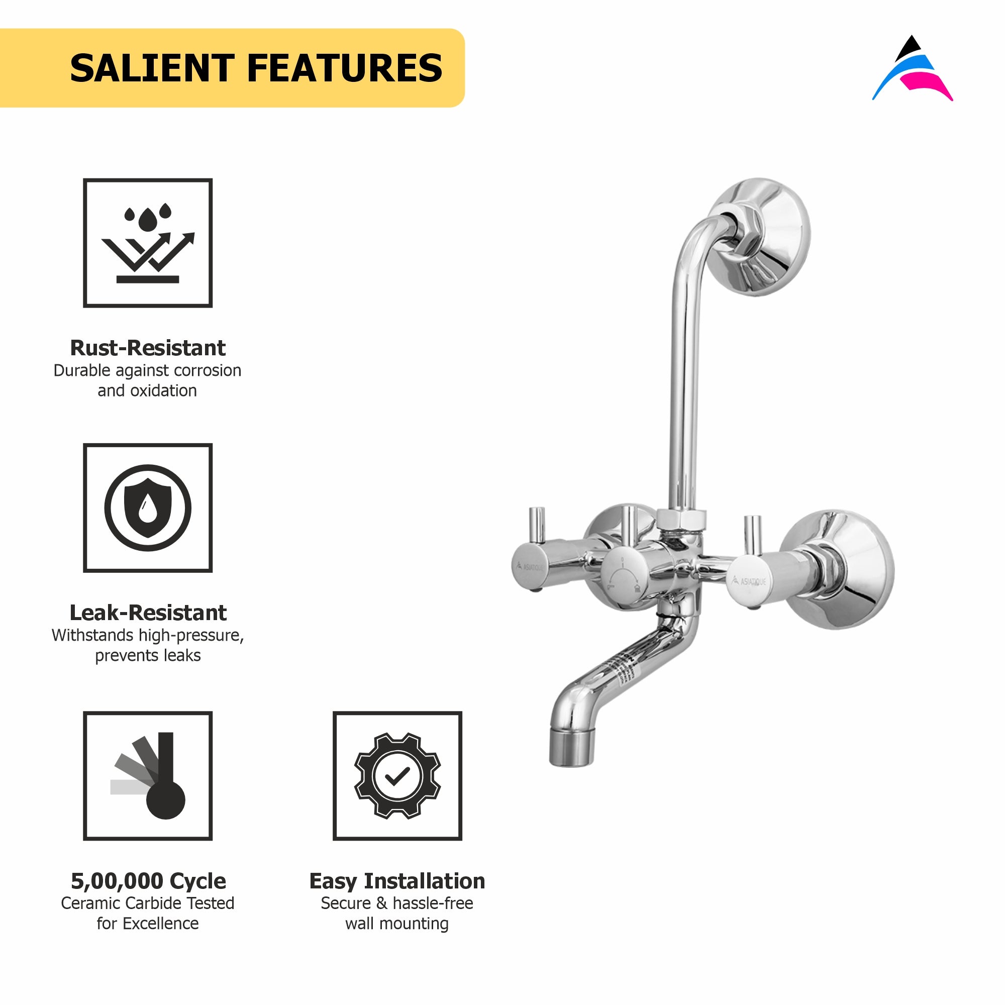 Asiatique Wall Mixer With ‘L’ Bend (MN-017L), MOON Series Bathroom & Kitchen Faucets | Premium Modern Tap Collection
