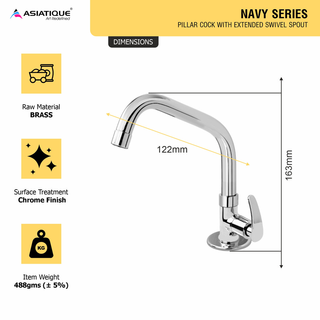 Asiatique Pillar Cock With Extended Swivel Spout (N-002EX), Navy Series Premium CP Bath Fittings & Faucets