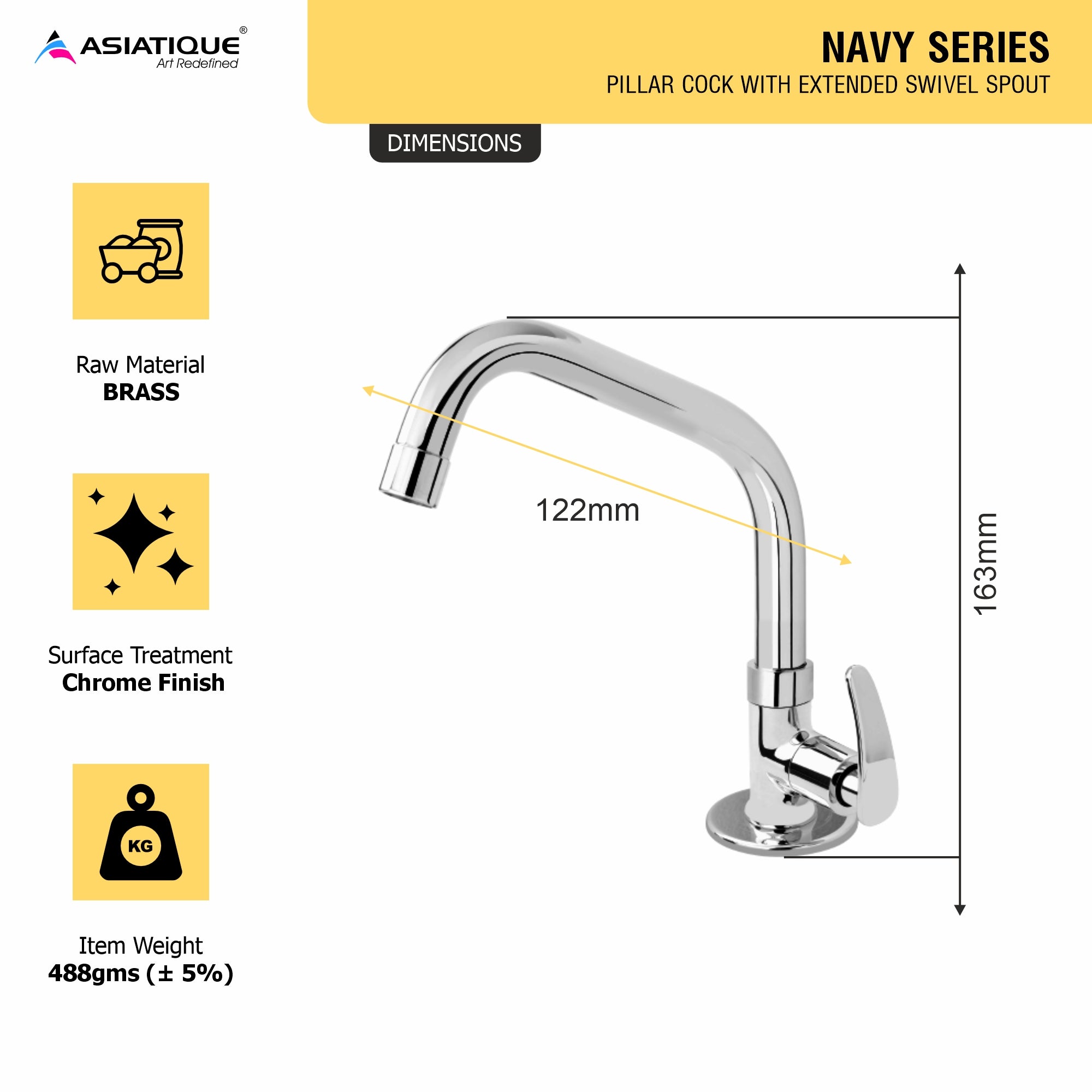 Asiatique Pillar Cock With Extended Swivel Spout (N-002EX), Navy Series Premium CP Bath Fittings & Faucets