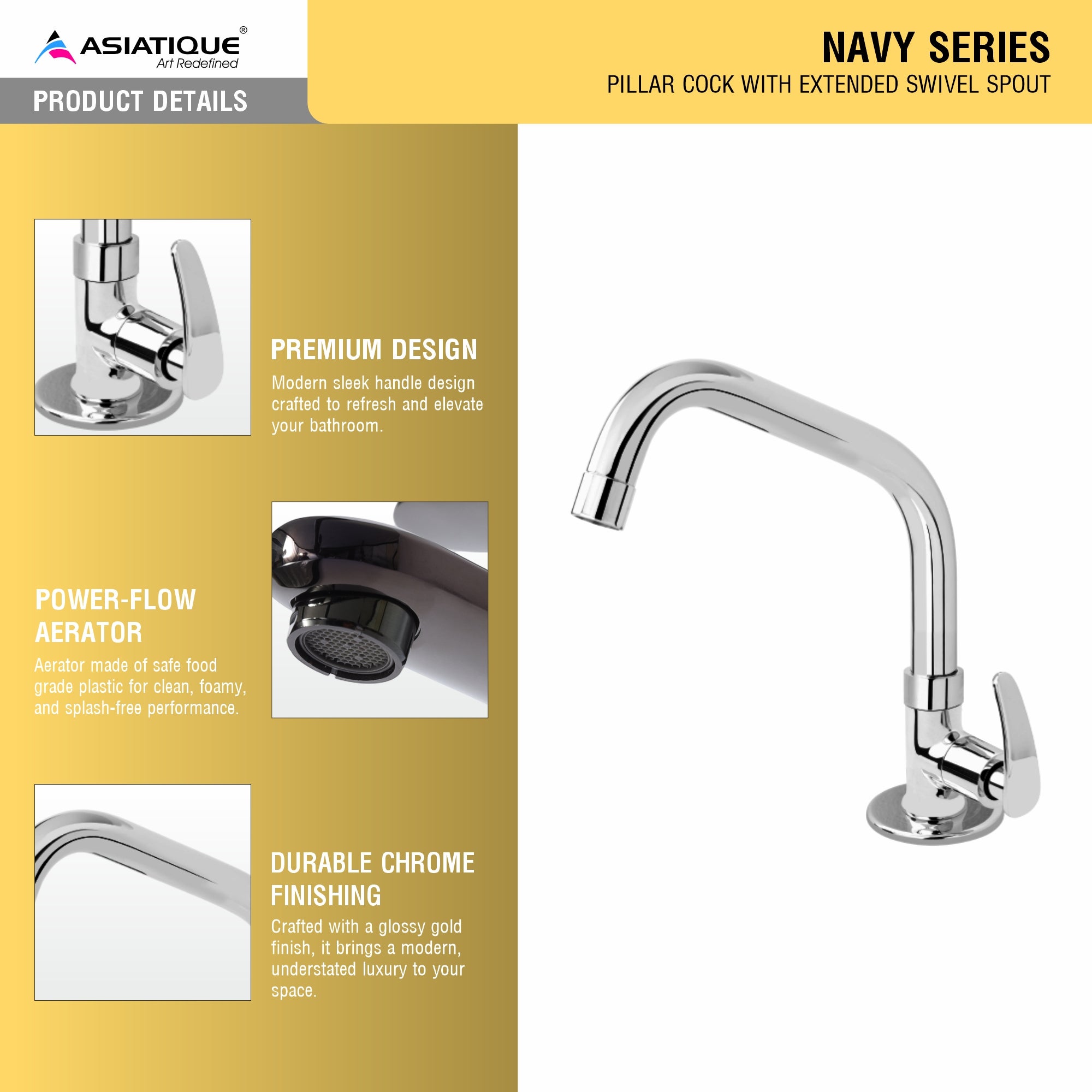 Asiatique Pillar Cock With Extended Swivel Spout (N-002EX), Navy Series Premium CP Bath Fittings & Faucets