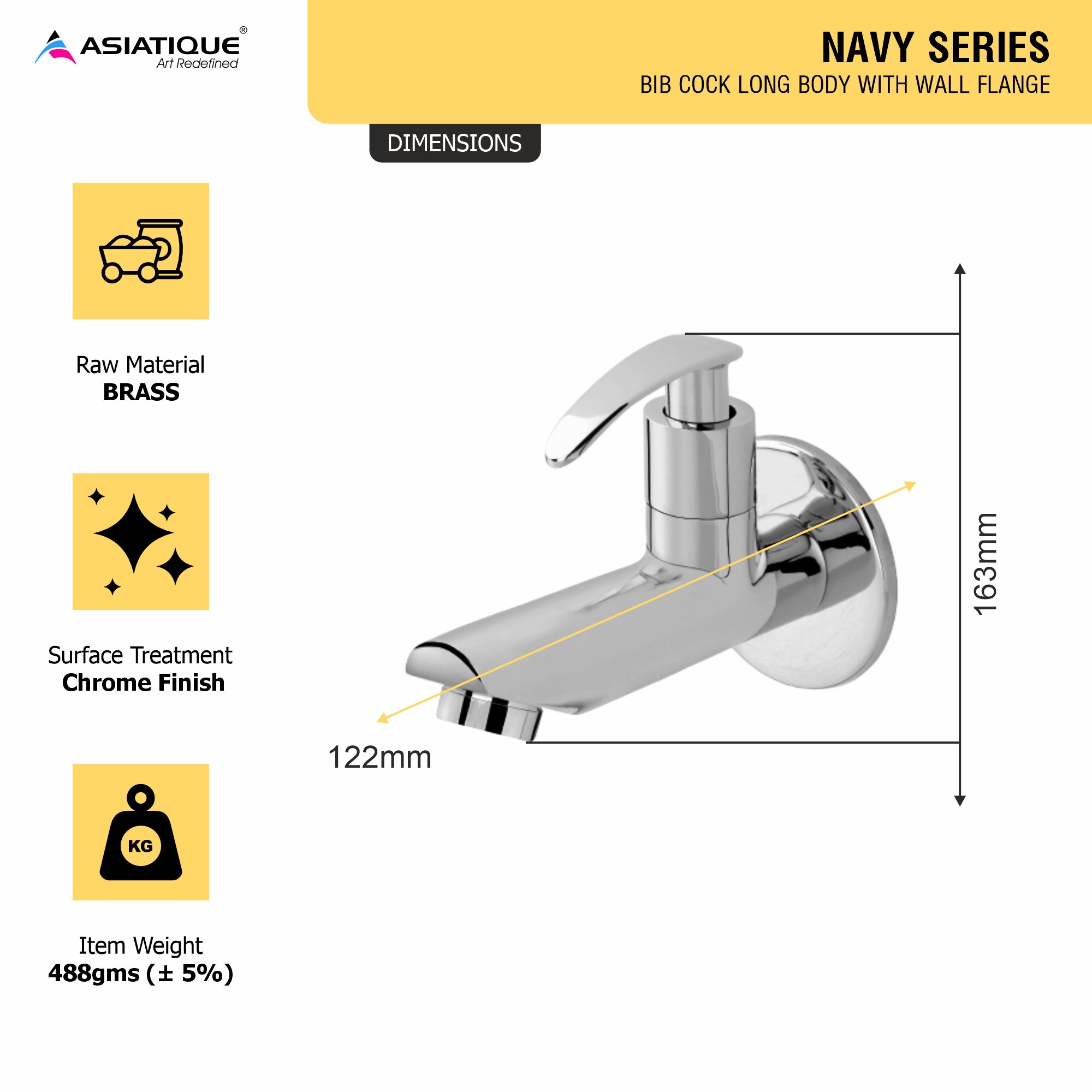Asiatique Bib Cock Long Body With Wall Flange (N-004), Navy Series Premium CP Bath Fittings & Faucets