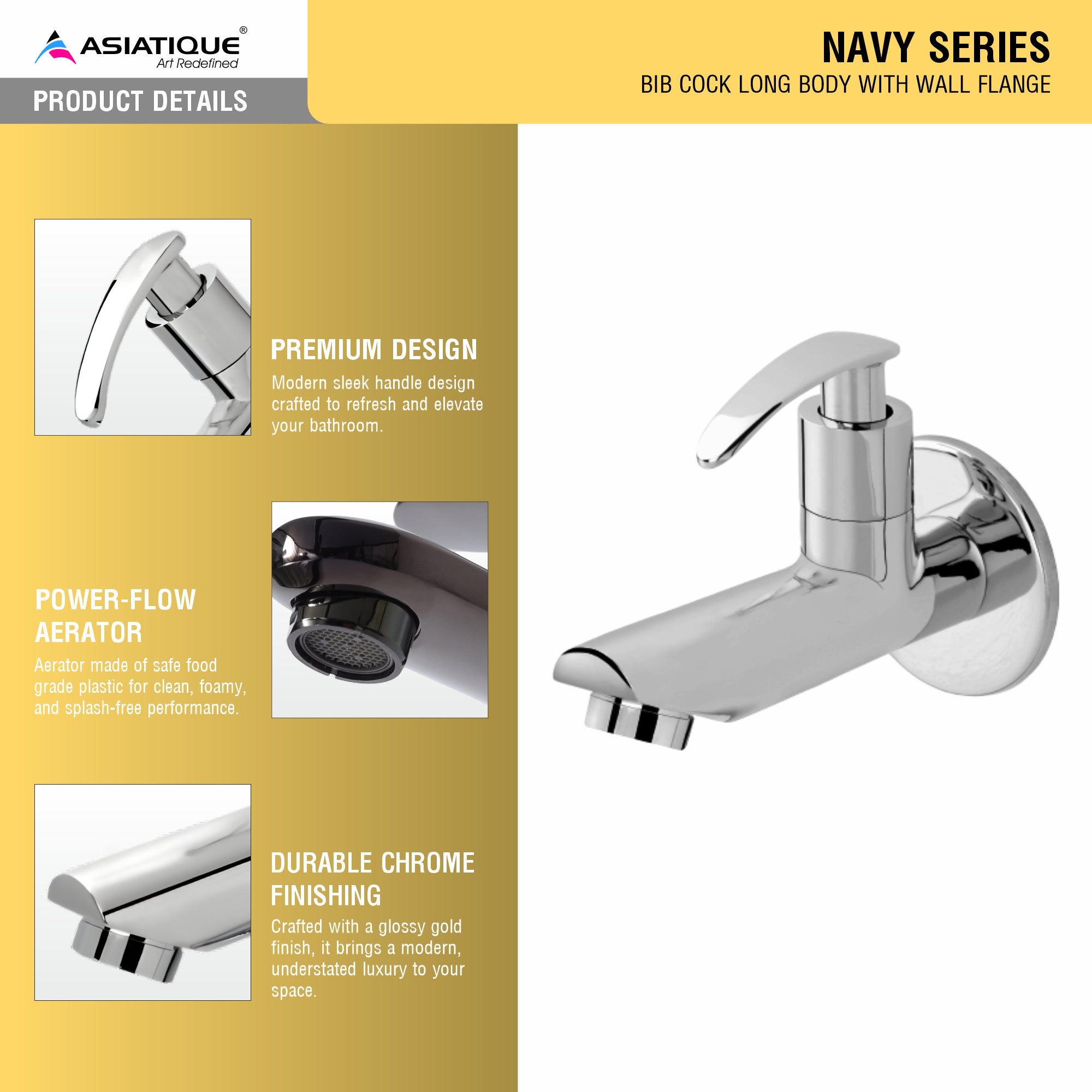 Asiatique Bib Cock Long Body With Wall Flange (N-004), Navy Series Premium CP Bath Fittings & Faucets