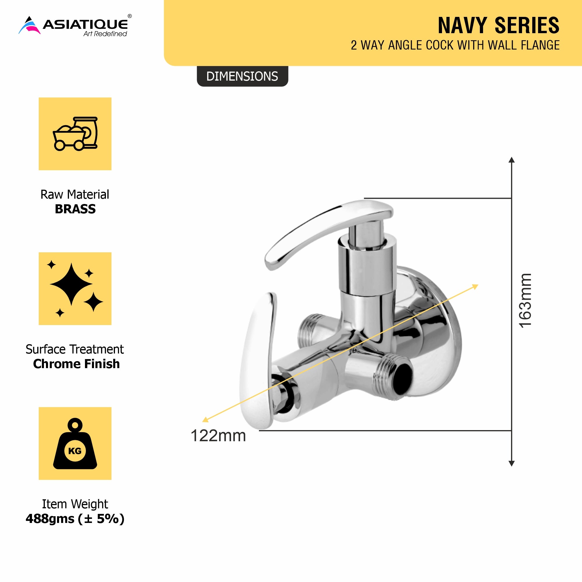 Asiatique 2 Way Angle Cock With Wall Flange (N-005TW), Navy Series Premium CP Bath Fittings & Faucets