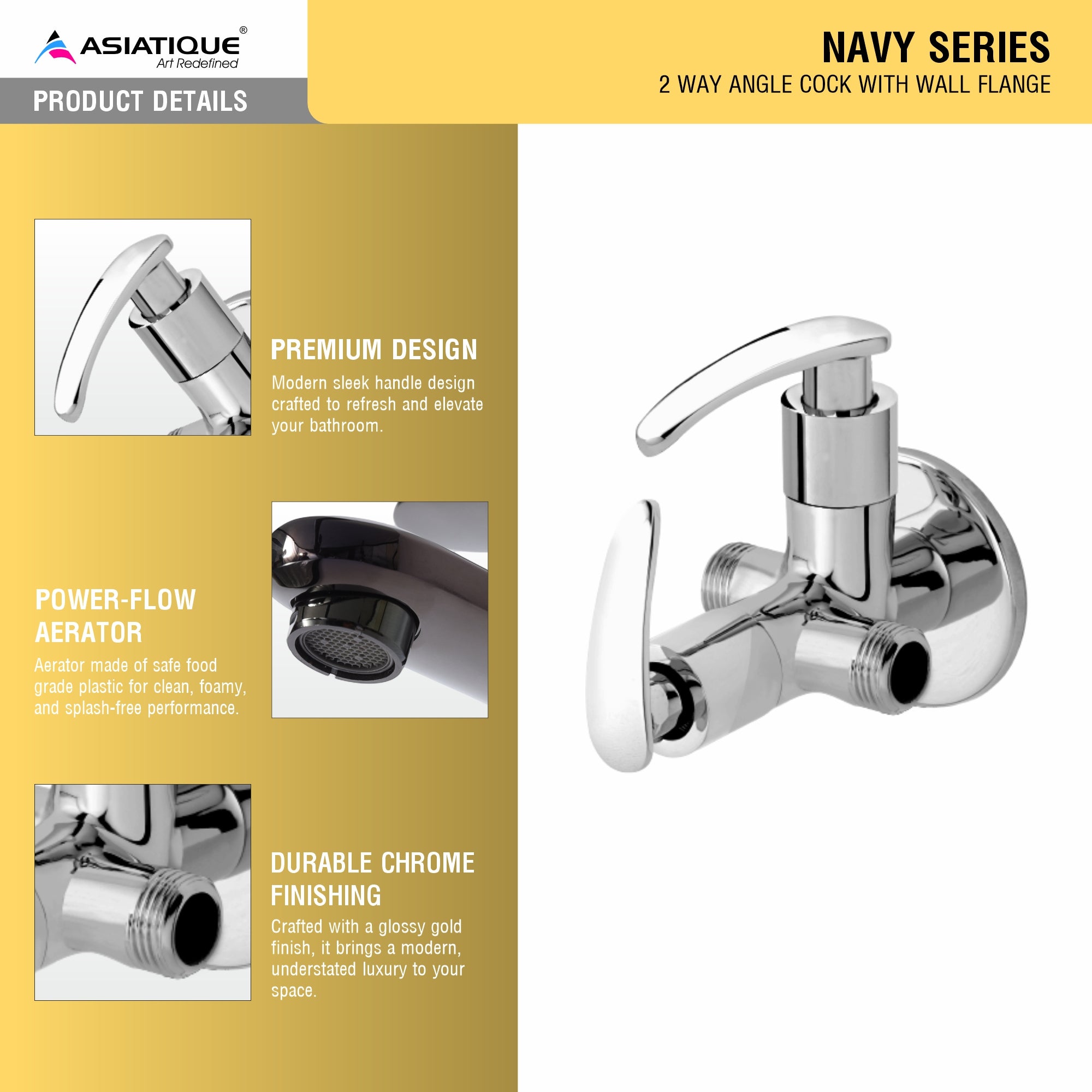 Asiatique 2 Way Angle Cock With Wall Flange (N-005TW), Navy Series Premium CP Bath Fittings & Faucets