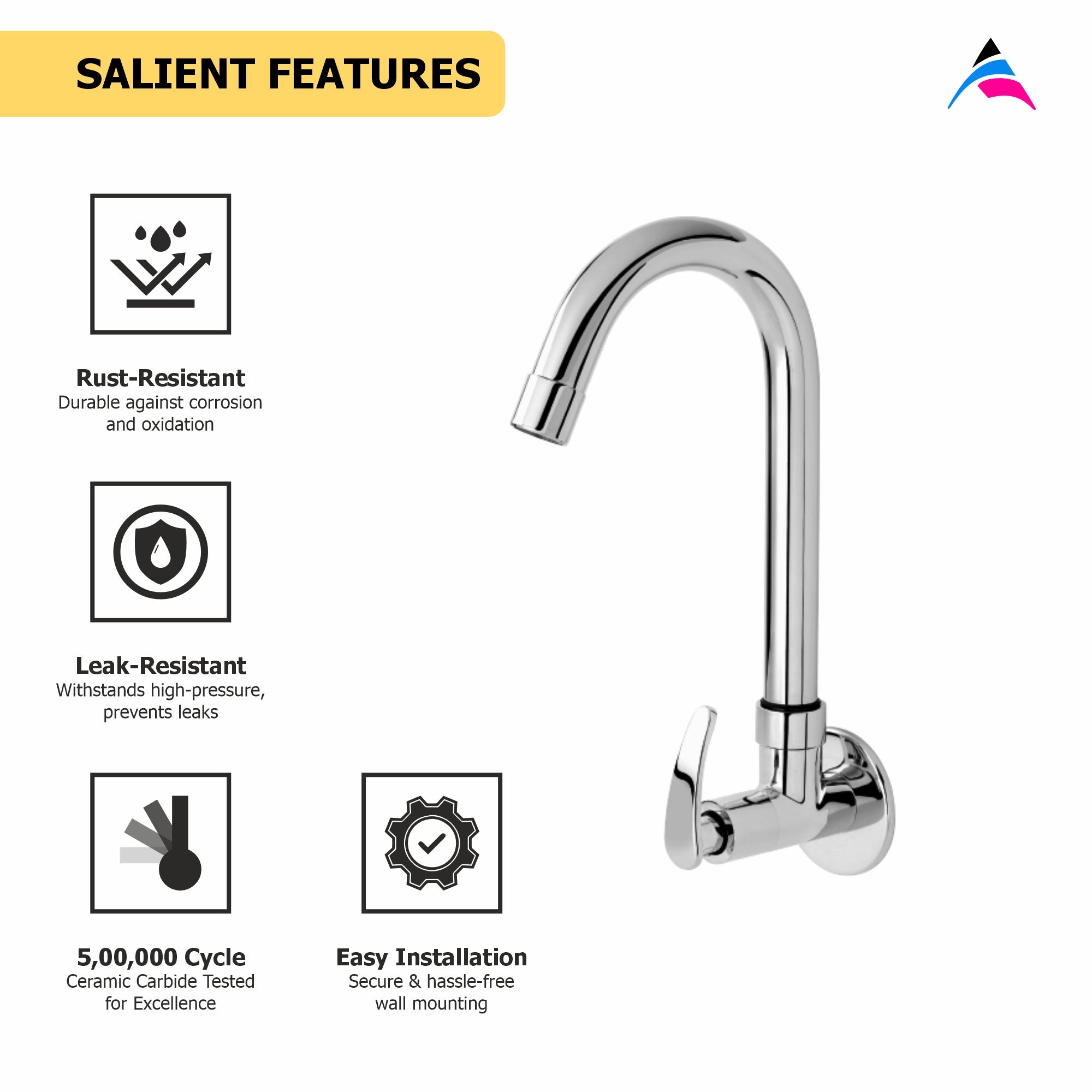 Asiatique Sink Cock With Swivel ‘J’ Spout Wall Mounted With Flange (N-008), Navy Series Premium CP Bath Fittings & Faucets