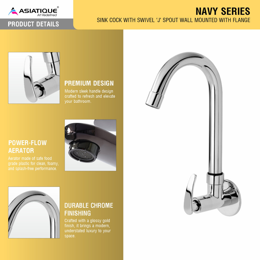 Asiatique Sink Cock With Swivel ‘J’ Spout Wall Mounted With Flange (N-008), Navy Series Premium CP Bath Fittings & Faucets