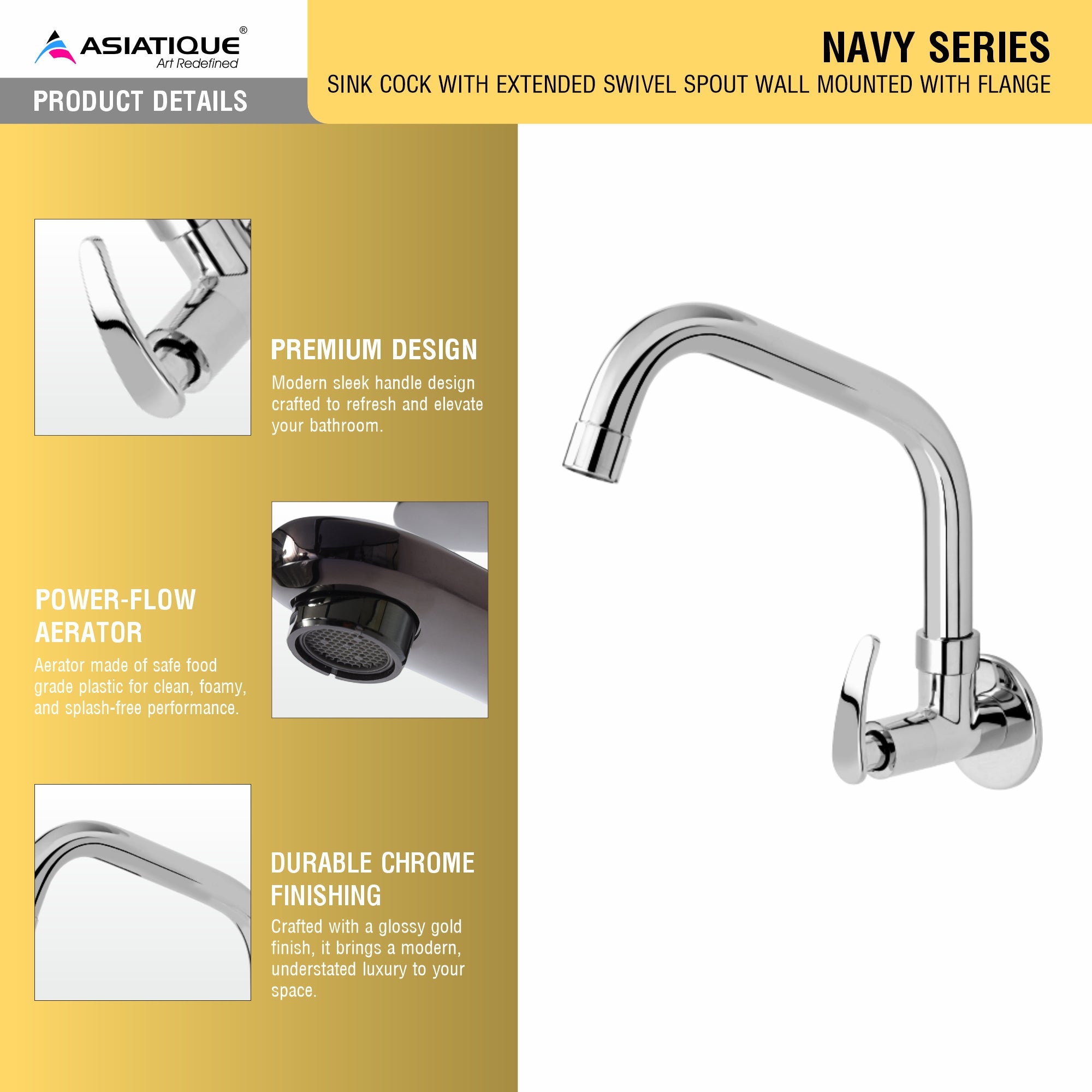 Asiatique Sink Cock With Extended Swivel Spout Wall Mounted With Flange (N-008EX), Navy Series Premium CP Bath Fittings & Faucets