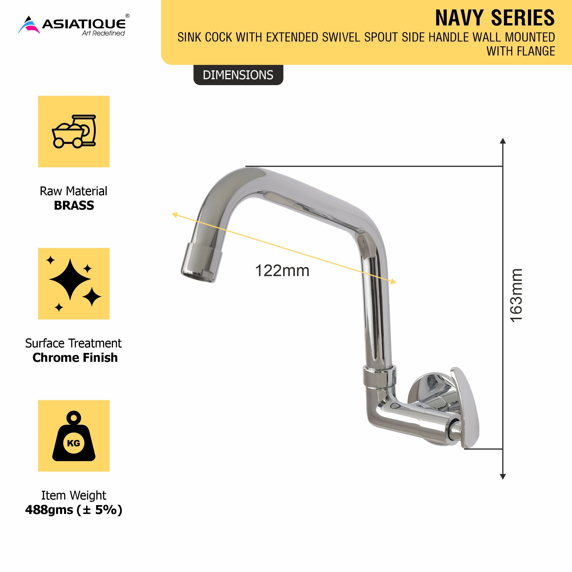 Asiatique Sink Cock With Extended Swivel Spout Side Handle Wall Mounted With Flange (N-008EX SH), Navy Series Premium CP Bath Fittings & Faucets