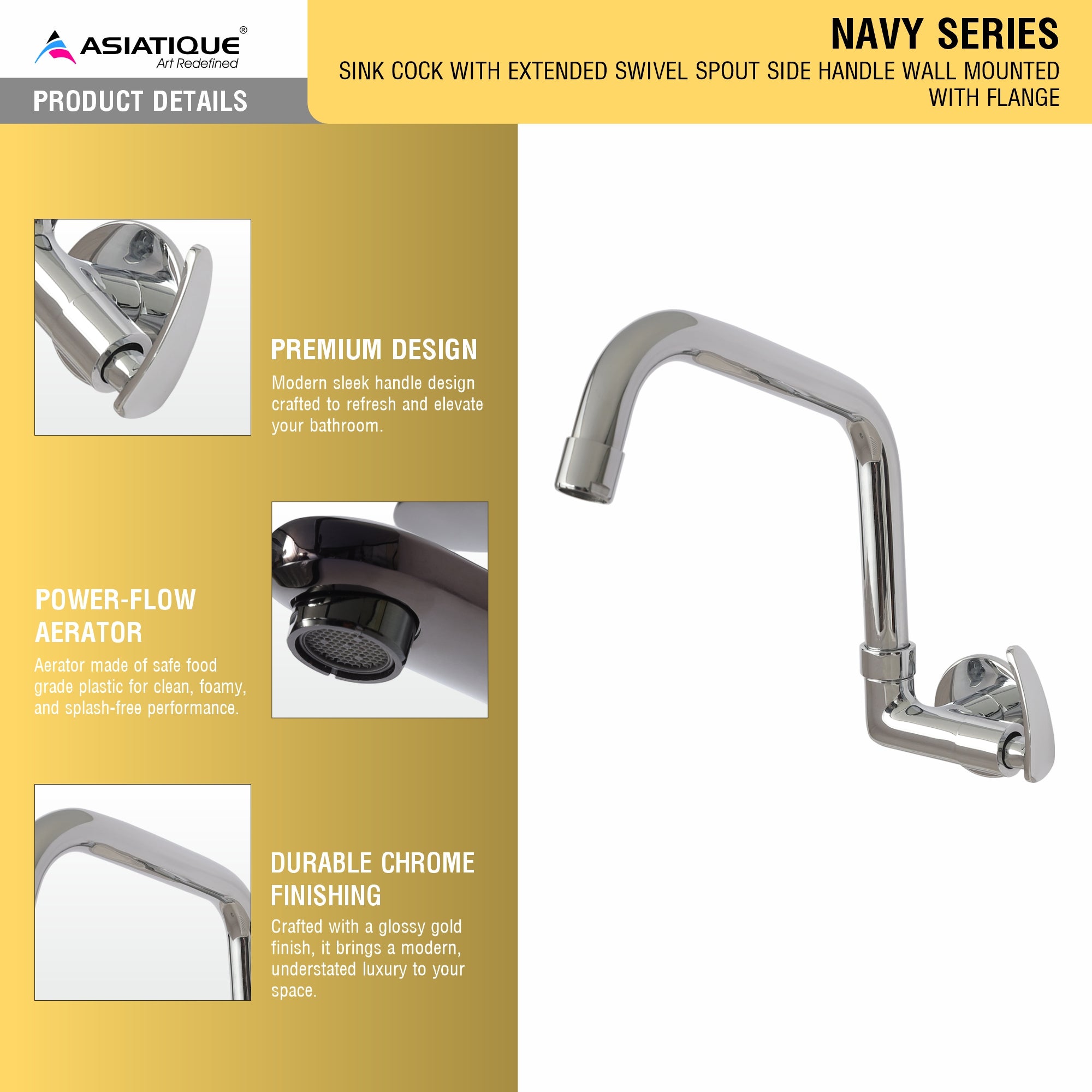 Asiatique Sink Cock With Extended Swivel Spout Side Handle Wall Mounted With Flange (N-008EX SH), Navy Series Premium CP Bath Fittings & Faucets