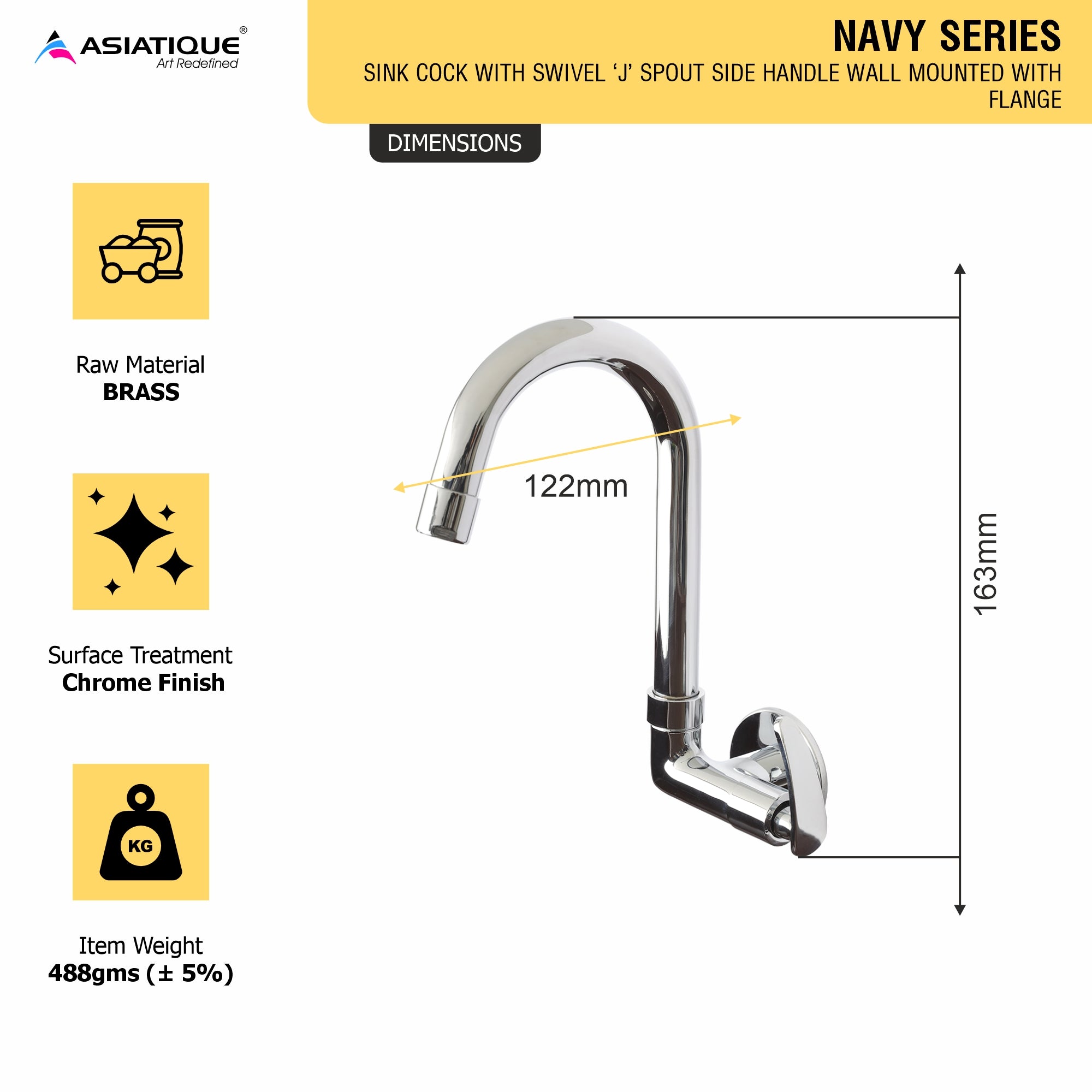 Asiatique Sink Cock With Swivel ‘J’ Spout Side Handle Wall Mounted With Flange (N-008 SH), Navy Series Premium CP Bath Fittings & Faucets