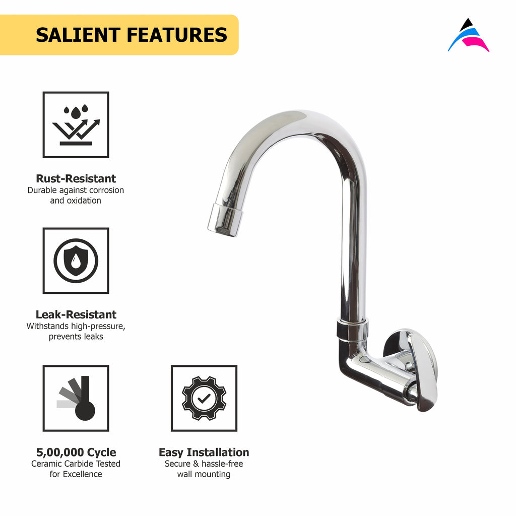 Asiatique Sink Cock With Swivel ‘J’ Spout Side Handle Wall Mounted With Flange (N-008 SH), Navy Series Premium CP Bath Fittings & Faucets