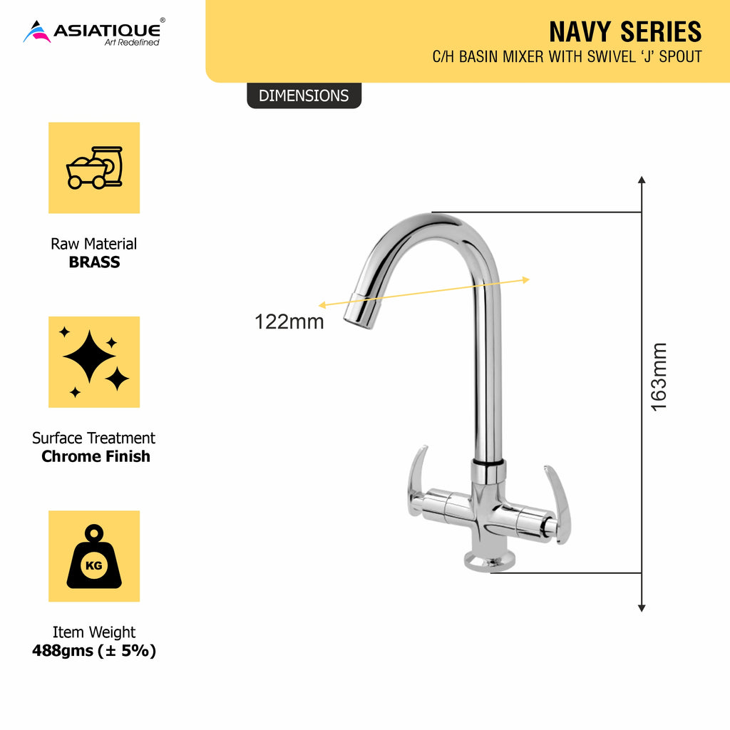 Asiatique C/H Basin Mixer With Swivel ‘J’ Spout (N-011), Navy Series Premium CP Bath Fittings & Faucets