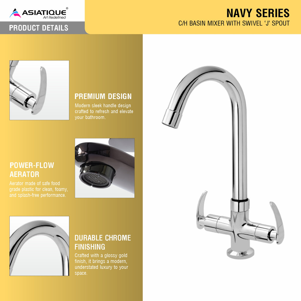 Asiatique C/H Basin Mixer With Swivel ‘J’ Spout (N-011), Navy Series Premium CP Bath Fittings & Faucets