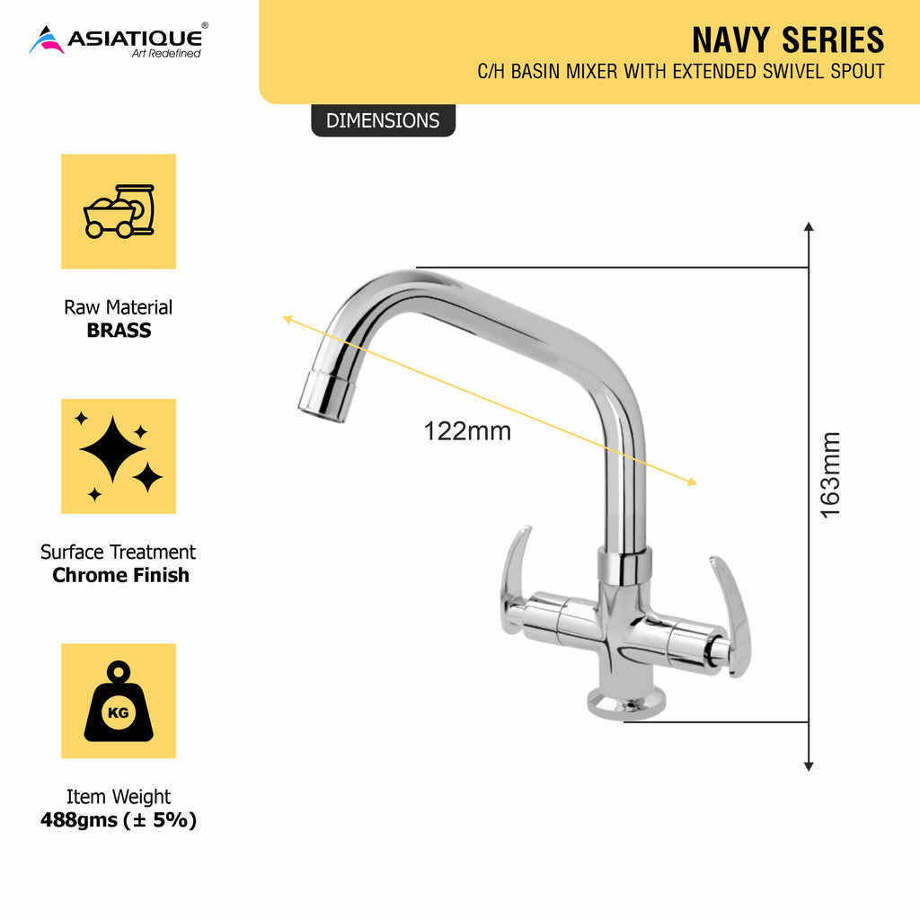 Asiatique C/H Basin Mixer With Extended Swivel Spout (N-011EX), Navy Series Premium CP Bath Fittings & Faucets