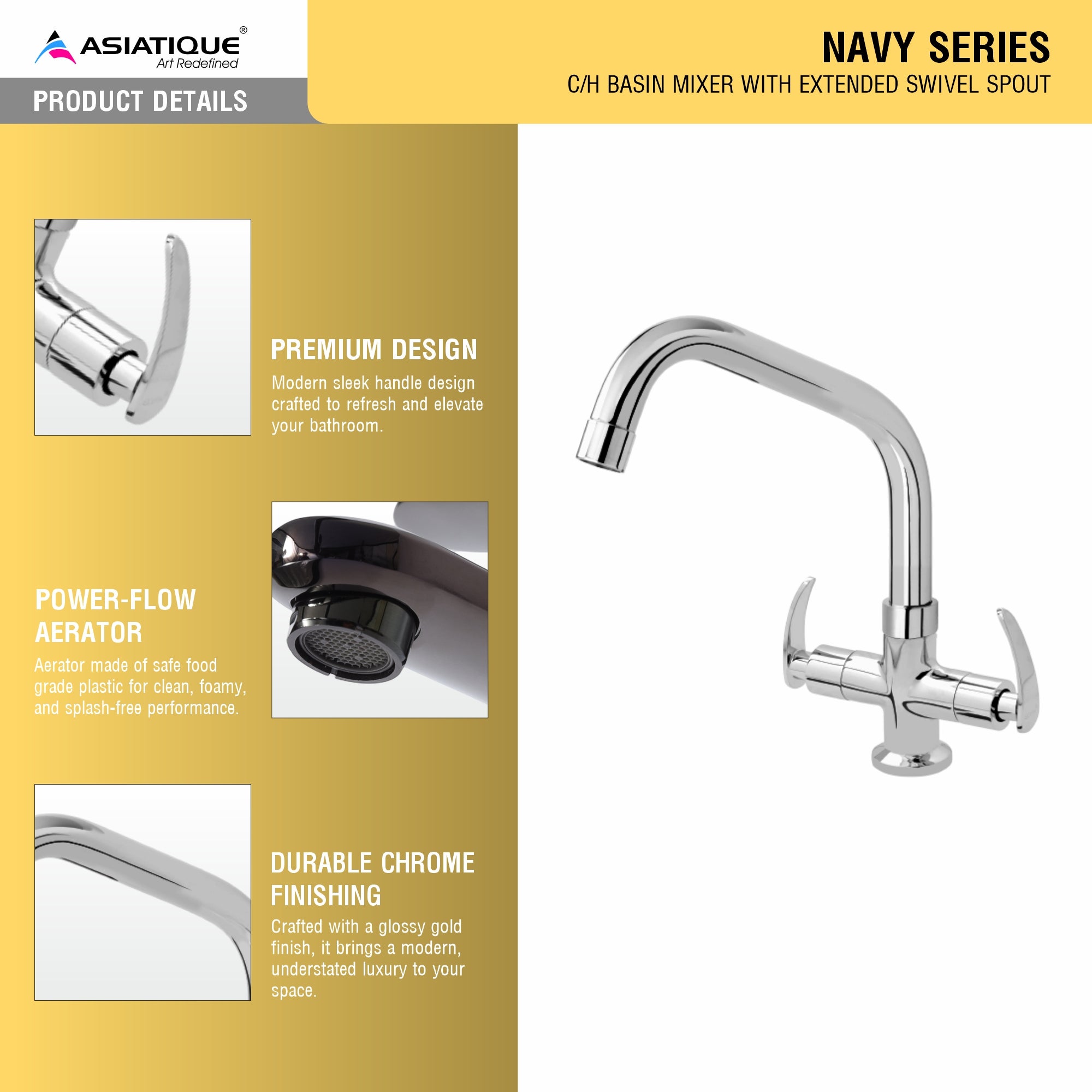Asiatique C/H Basin Mixer With Extended Swivel Spout (N-011EX), Navy Series Premium CP Bath Fittings & Faucets