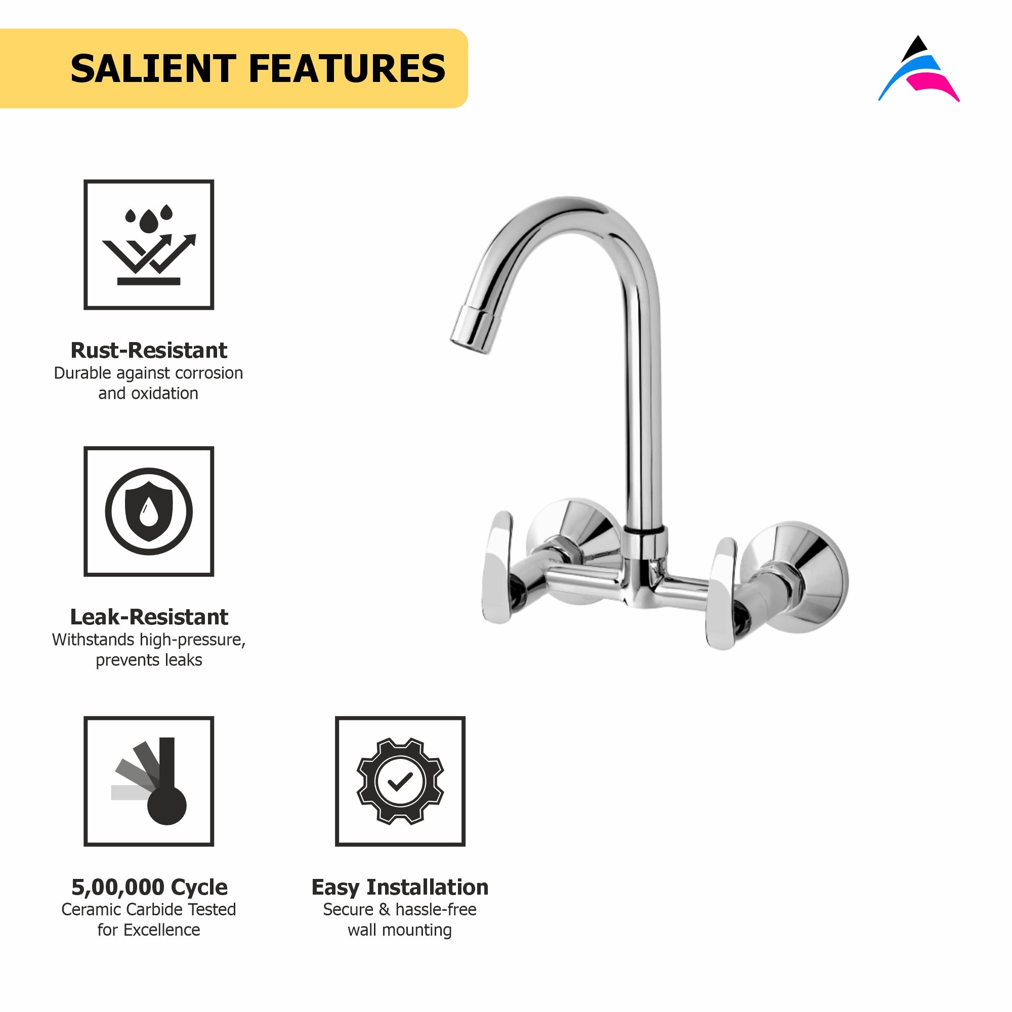 Asiatique Sink Mixer With Swivel ‘J’ Spout Wall Mounted (N-013), Navy Series Premium CP Bath Fittings & Faucets