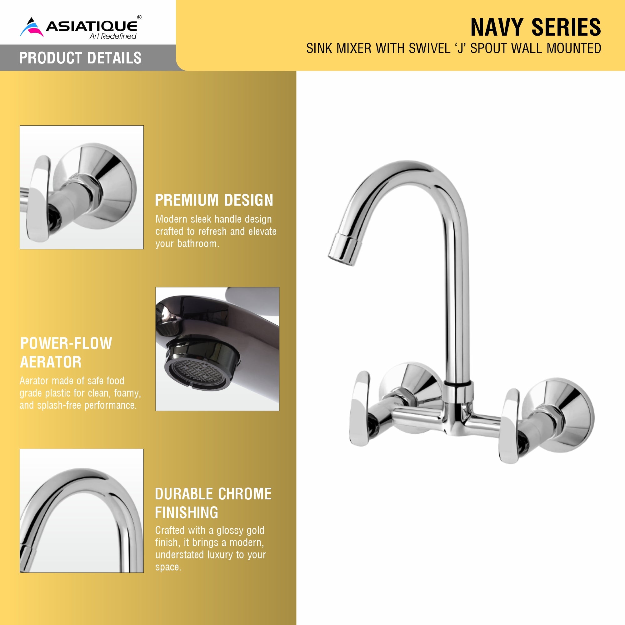 Asiatique Sink Mixer With Swivel ‘J’ Spout Wall Mounted (N-013), Navy Series Premium CP Bath Fittings & Faucets