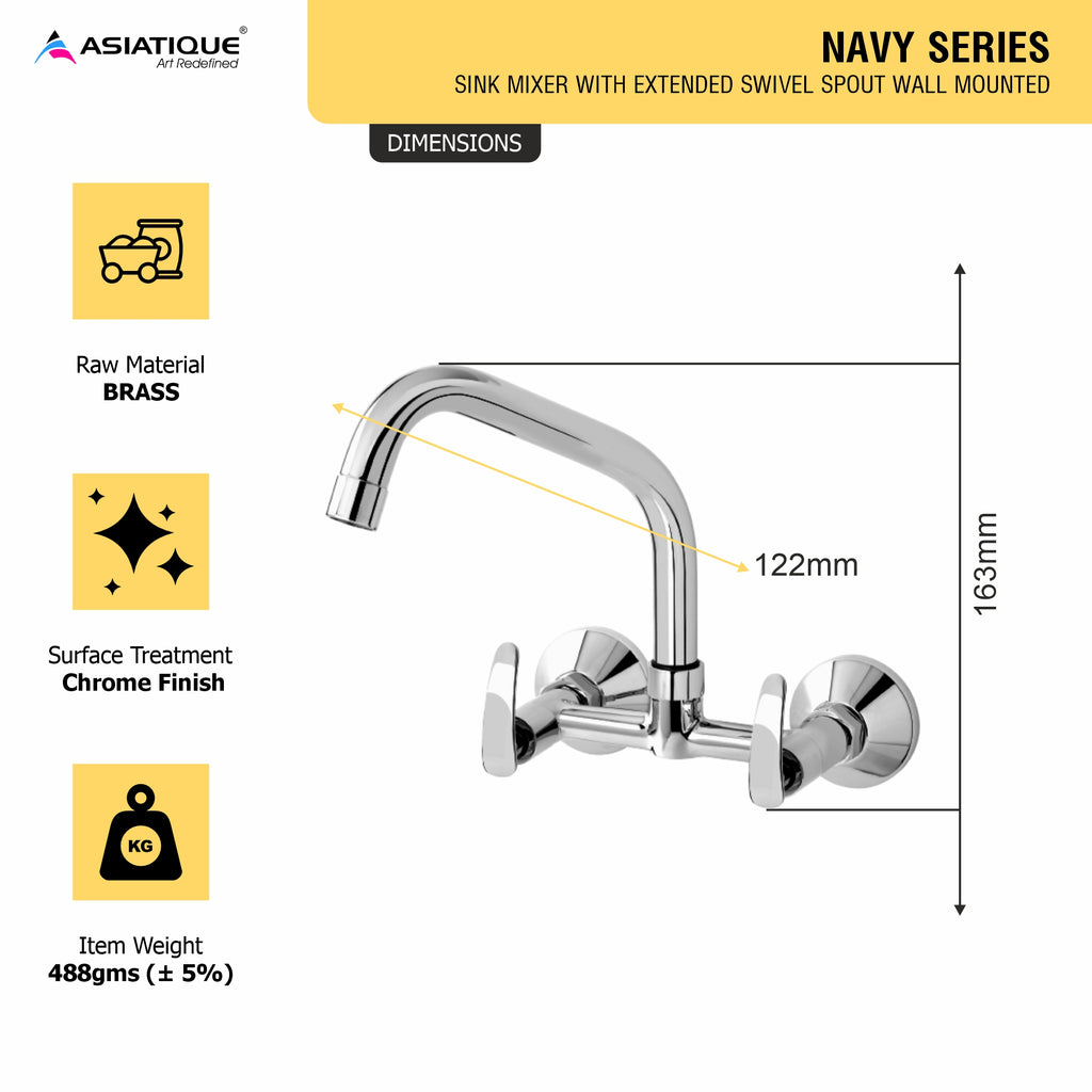 Asiatique Sink Mixer With Extended Swivel Spout Wall Mounted (N-013EX), Navy Series Premium CP Bath Fittings & Faucets