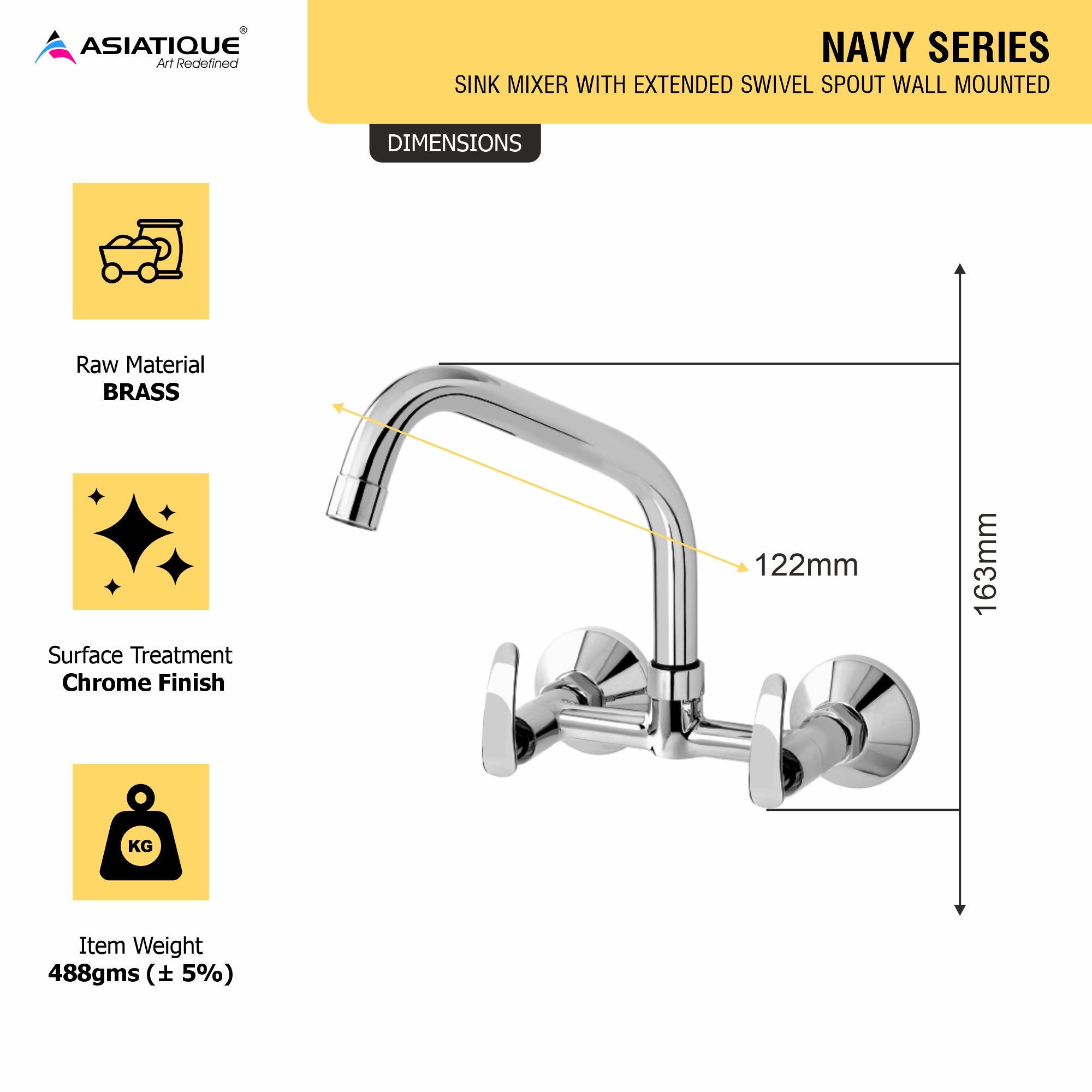 Asiatique Sink Mixer With Extended Swivel Spout Wall Mounted (N-013EX), Navy Series Premium CP Bath Fittings & Faucets