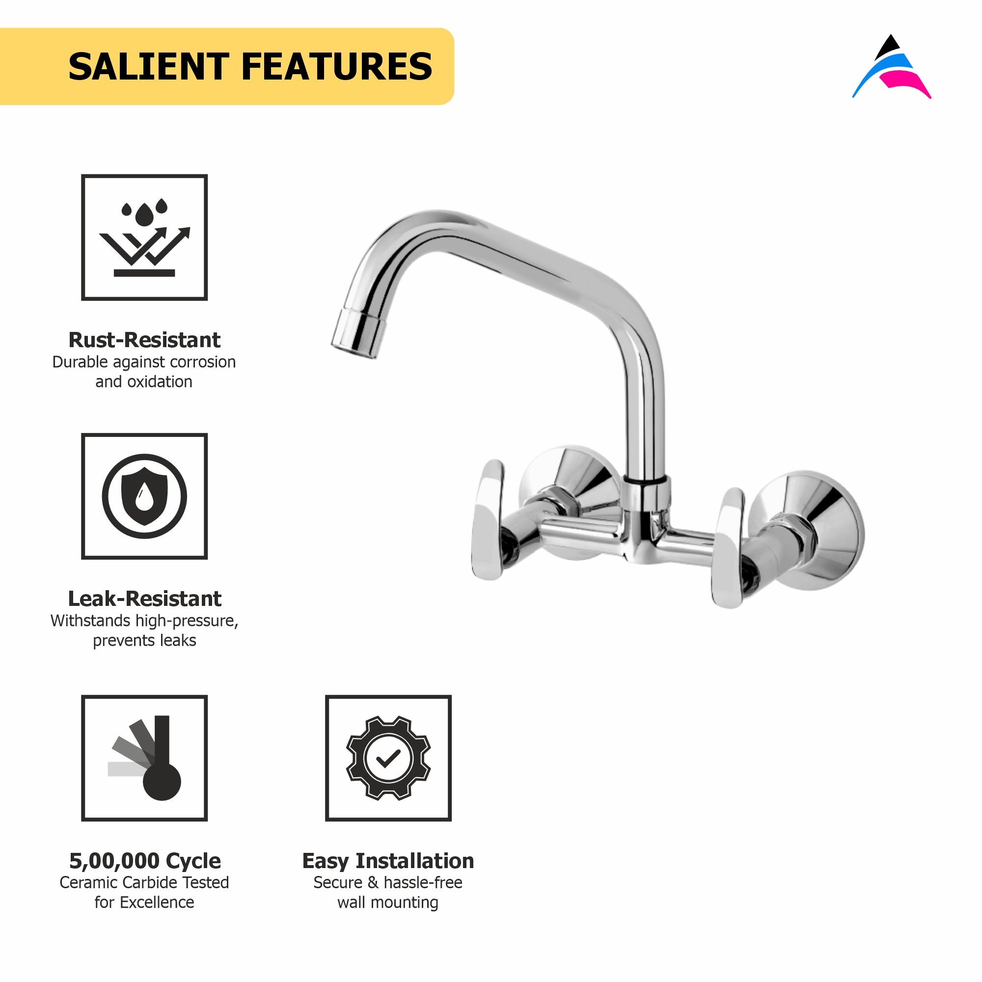 Asiatique Sink Mixer With Extended Swivel Spout Wall Mounted (N-013EX), Navy Series Premium CP Bath Fittings & Faucets