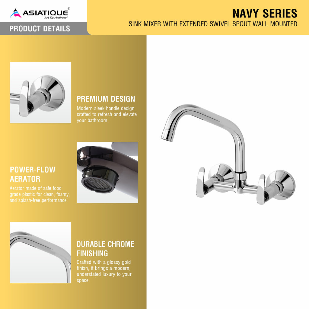 Asiatique Sink Mixer With Extended Swivel Spout Wall Mounted (N-013EX), Navy Series Premium CP Bath Fittings & Faucets