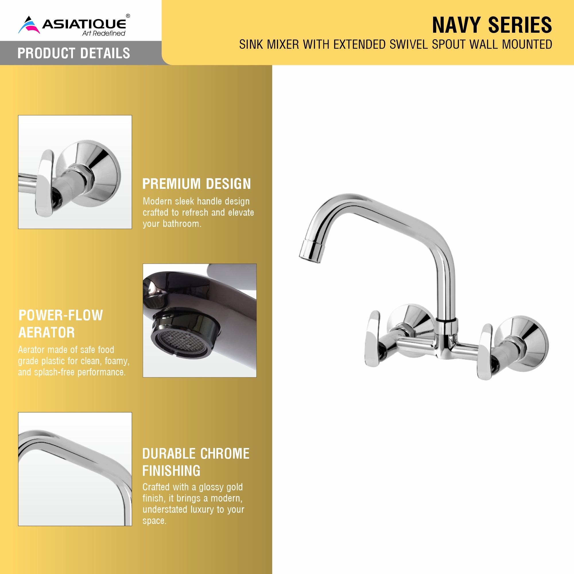 Asiatique Sink Mixer With Extended Swivel Spout Wall Mounted (N-013EX), Navy Series Premium CP Bath Fittings & Faucets